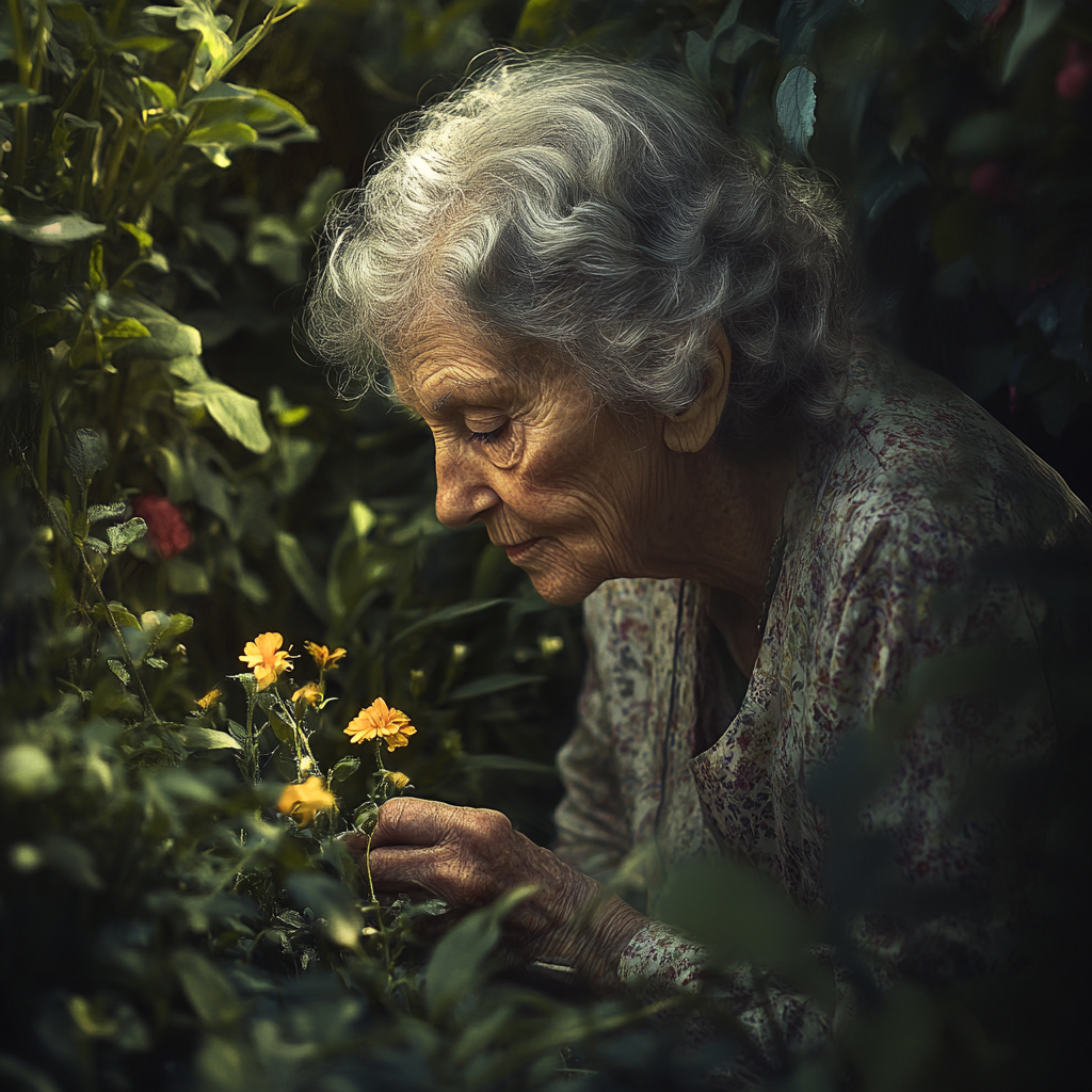 Edna in her garden | Source: Midjourney