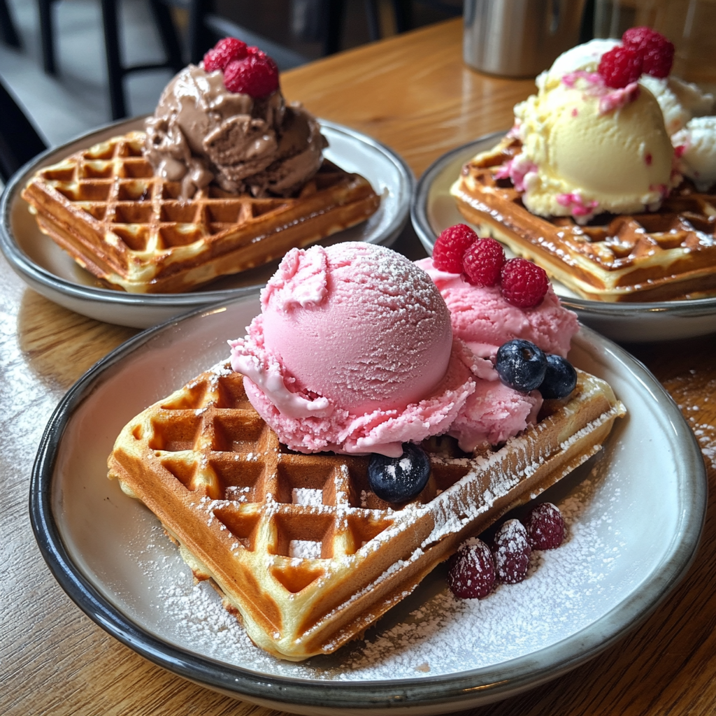 Plates of ice cream and waffles | Source: Midjourney