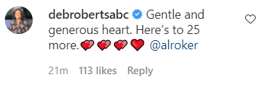 Deborah Roberts posting a comment under a post made by her husband, Al Roker on his Instagram page. | Photo: Instagram/alroker