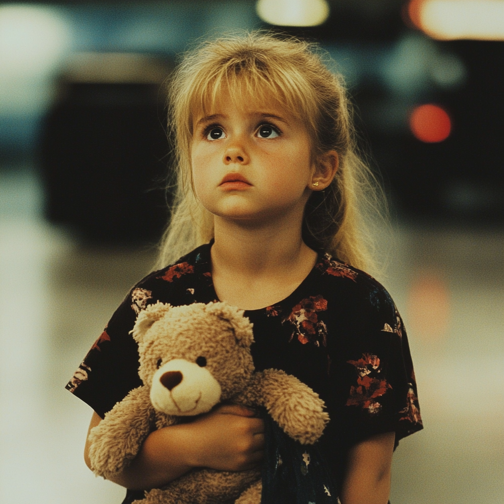 A sad little girl holding a teddy bear | Source: Midjourney