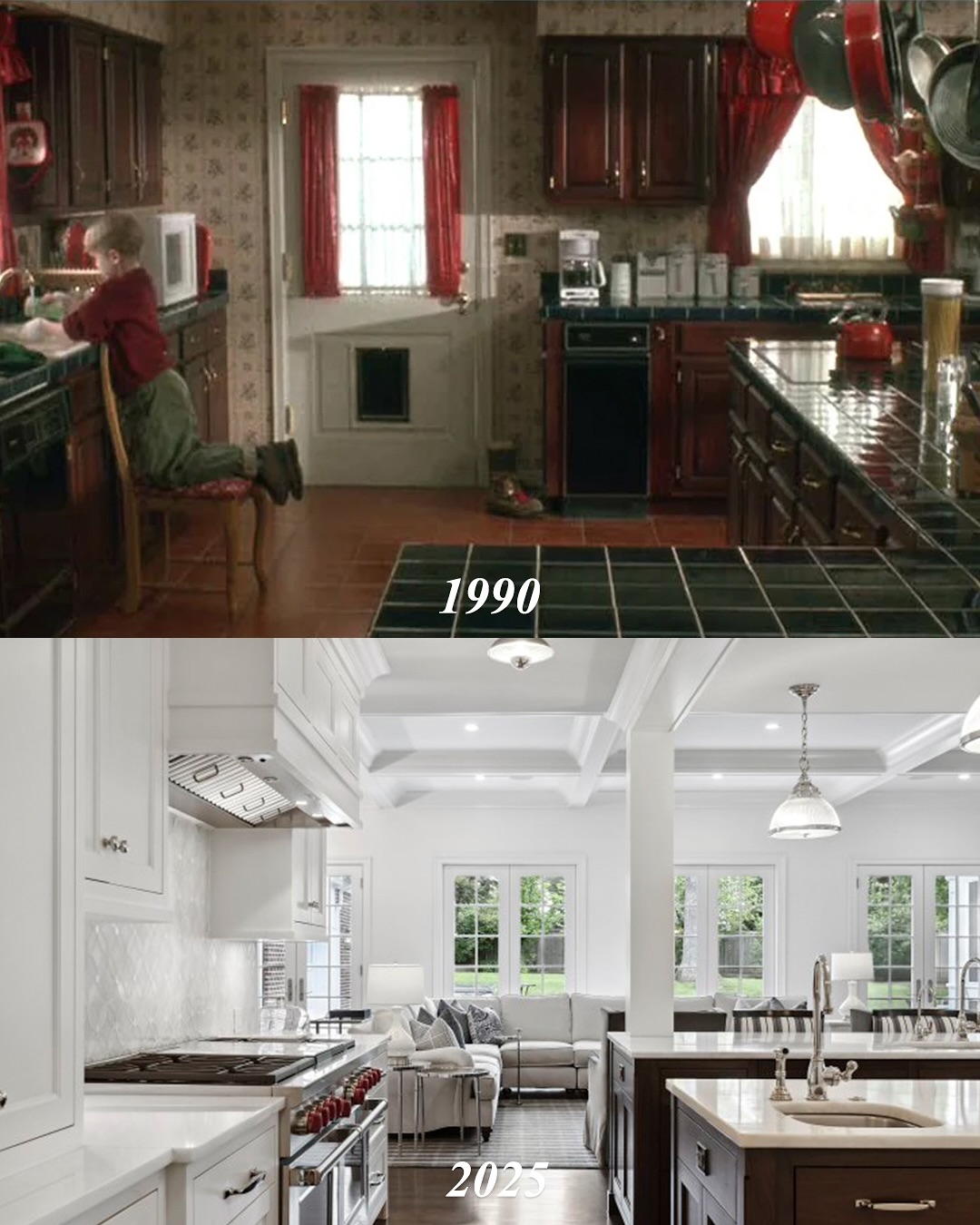 The kitchen — once the cozy, cluttered heart of the McCallister home — now opens into a vast, whitewashed space with oversized counters and clean lines, leaving behind every trace of its '90s red-and-green flair. | Source: Instagram/kjp