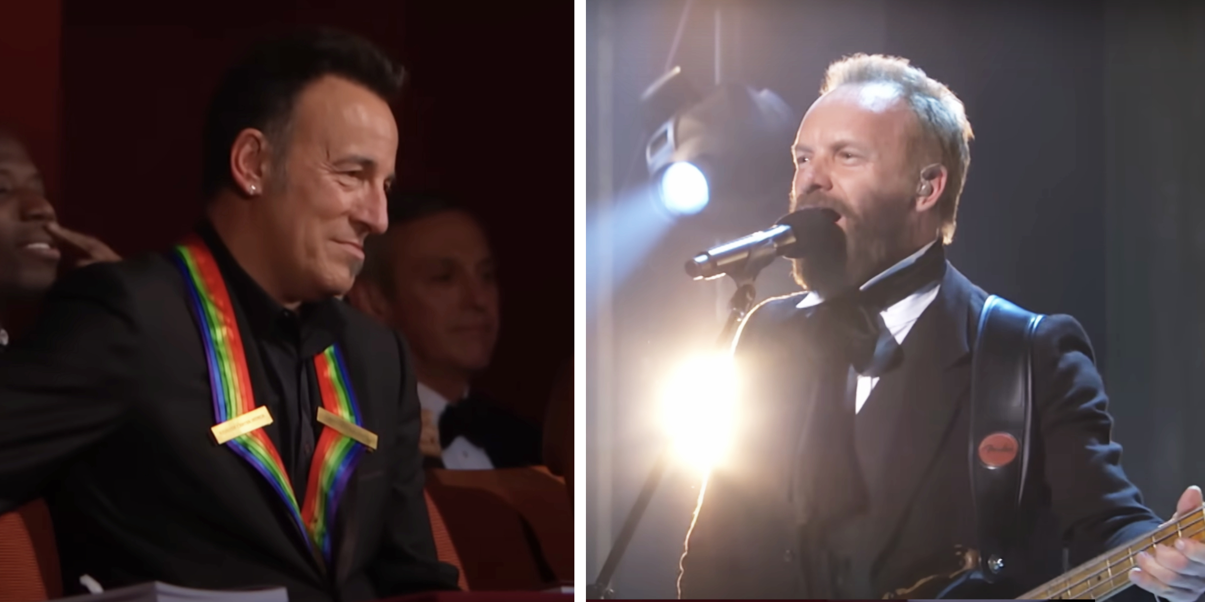 In this 2009 moment from the Kennedy Center Honors, Sting takes the stage to perform a powerful tribute to Bruce Springsteen. Dressed in formal wear, Sting delivers his performance with intensity and emotion, honoring his longtime friend and fellow music legend before a distinguished audience.