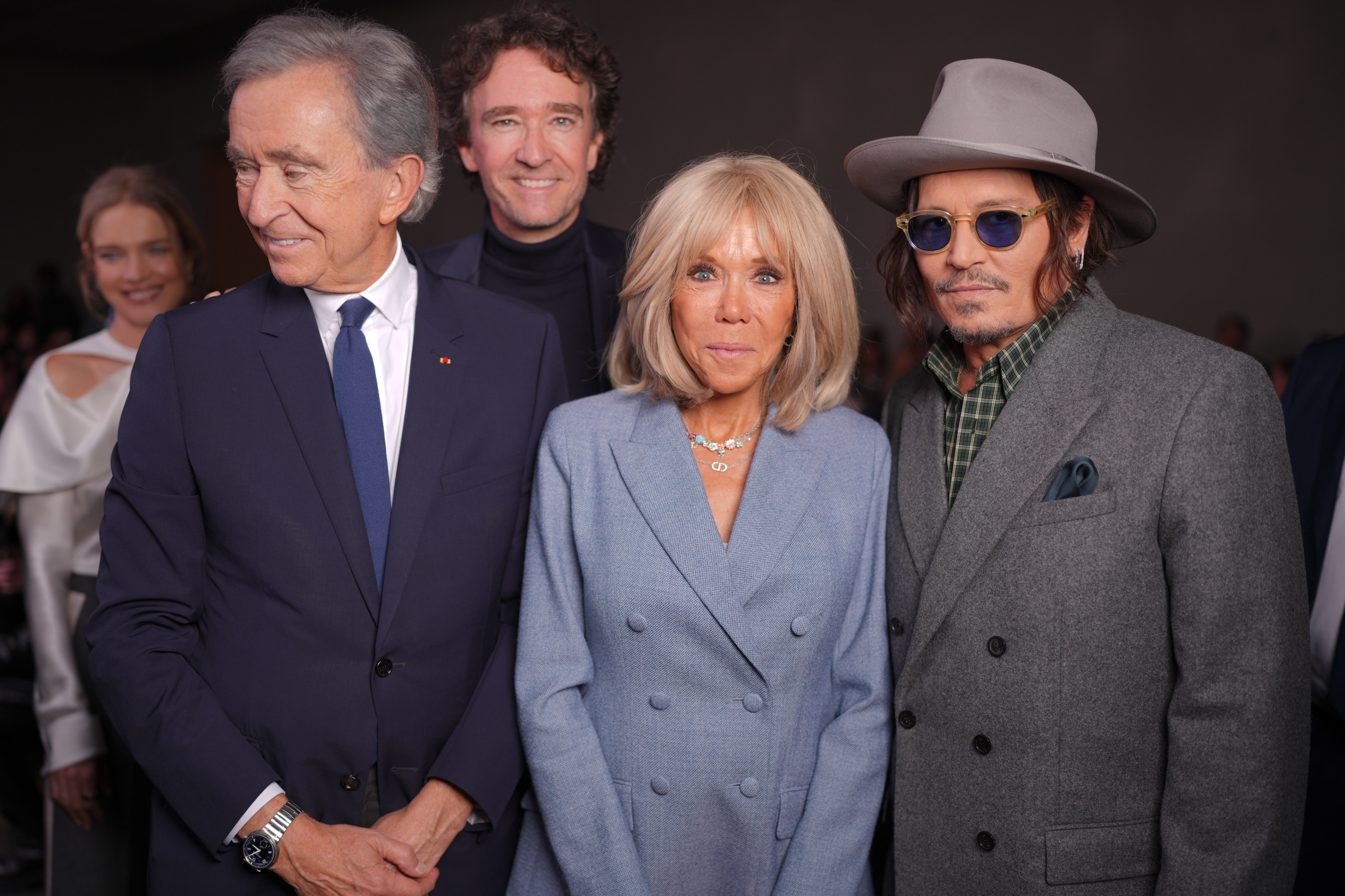 Bernard Arnault, Antoine Arnault, Brigitte Macron, Johnny Depp at the Christian Dior fashion show as part of Spring/Summer 2026 Paris Fashion Week held at Les Tuileries on October 01, 2025 in Paris, France. | Source: Getty Images
