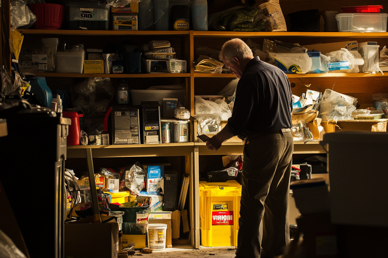 A man checking supplies in a garage | Source: Midjourney