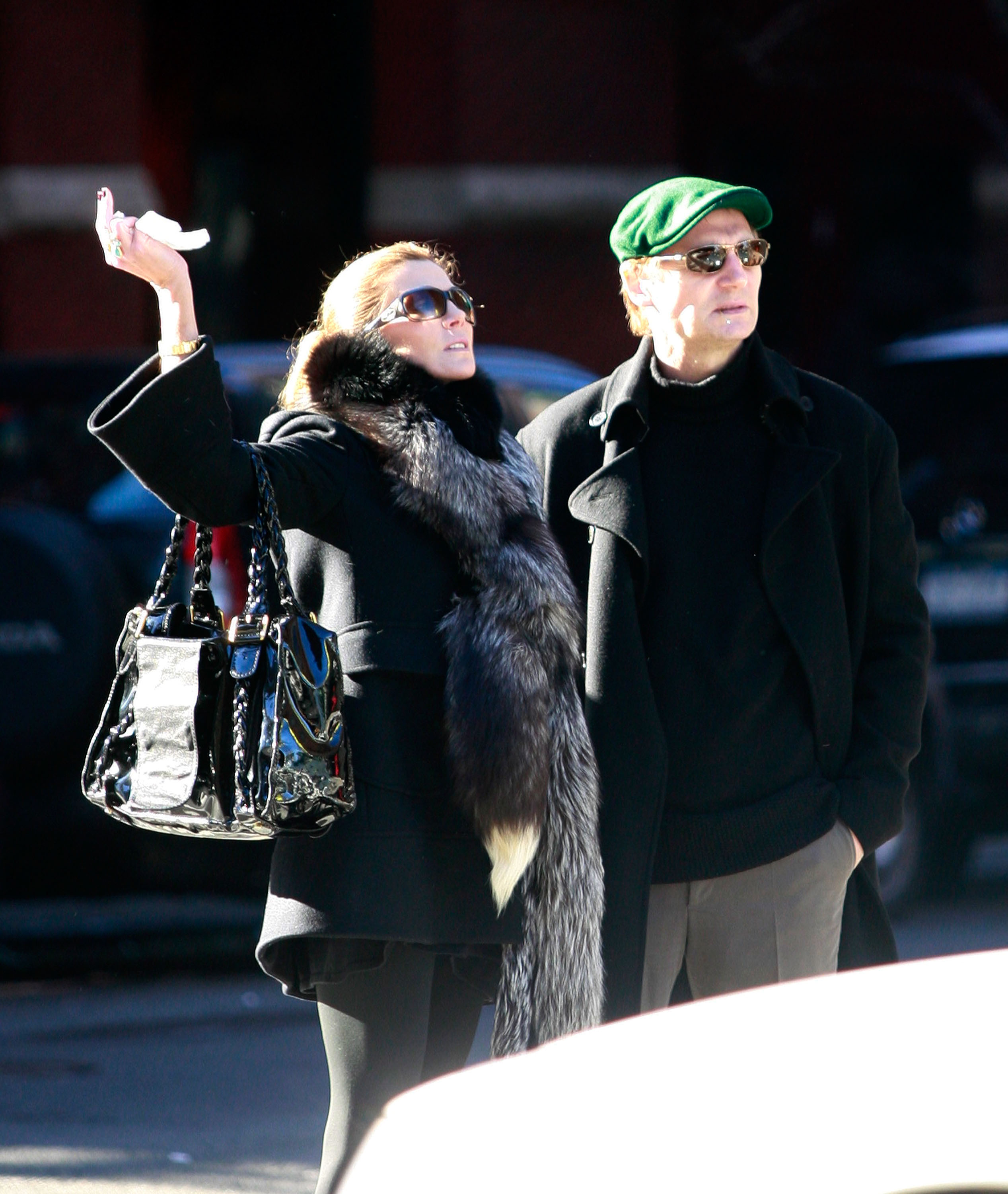 Natasha Richardson raises her hand to hail a cab while standing beside Liam Neeson on the Upper West Side of New York City on December 6, 2007. The couple waits together on the sidewalk during the winter outing.