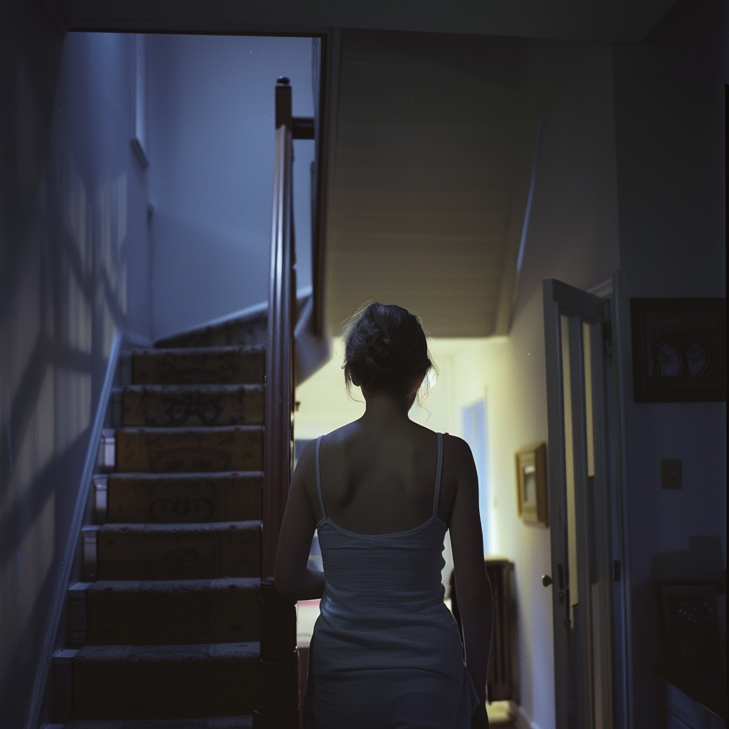 A woman walking toward the front door of her house | Source: Midjourney