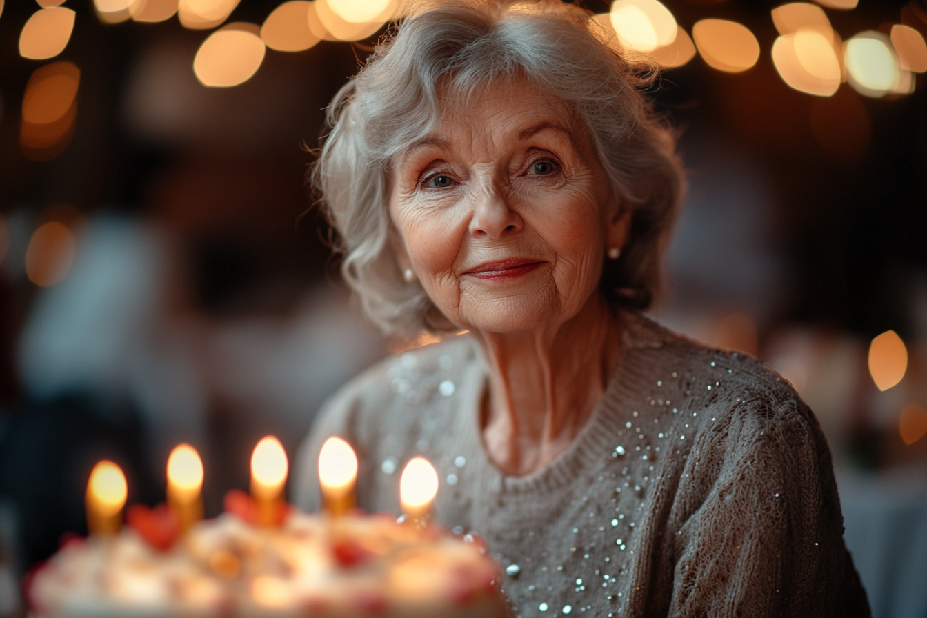 A smiling older lady near a birthday cake adorned with glowing candles | Source: Midjourney