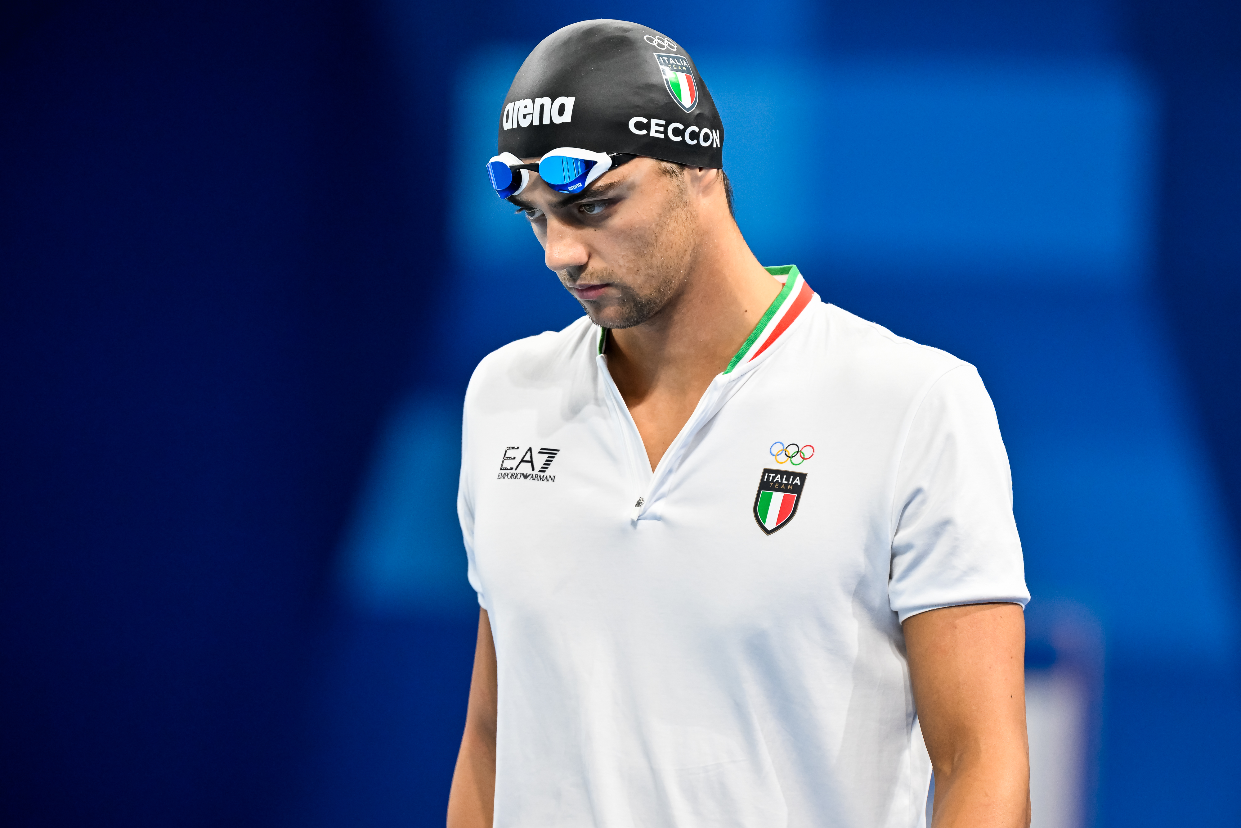 Thomas Ceccon prepares for the Men's 200m Backstroke Semifinals at the 2024 Paris Olympics at La Defense Arena on July 31, 2024 | Source: Getty Images