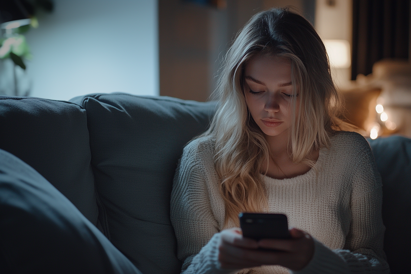 Emily reading the message on her phone | Source: Midjourney