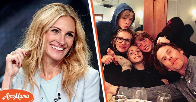 Actress Julia Roberts [Left] The actress with her husband Danny Moder and their children -- Phinnaeus, Henry and Hazel [Right] | Source: Getty Images and Instagram/modermoder twins 