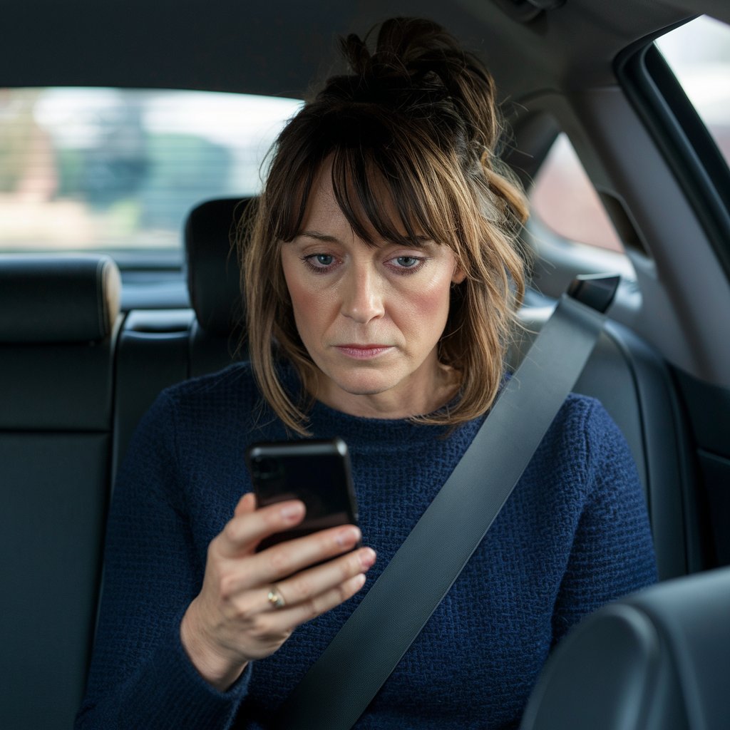 A woman in the back seat of a vehicle, looking at her mobile phone | Source: Midjourney