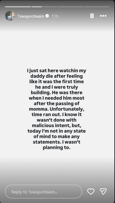 Swayvo Twain's post after his dad, D'Angelo's death, shared on October 14, 2025 | Source: Instagram/1swayvotwain