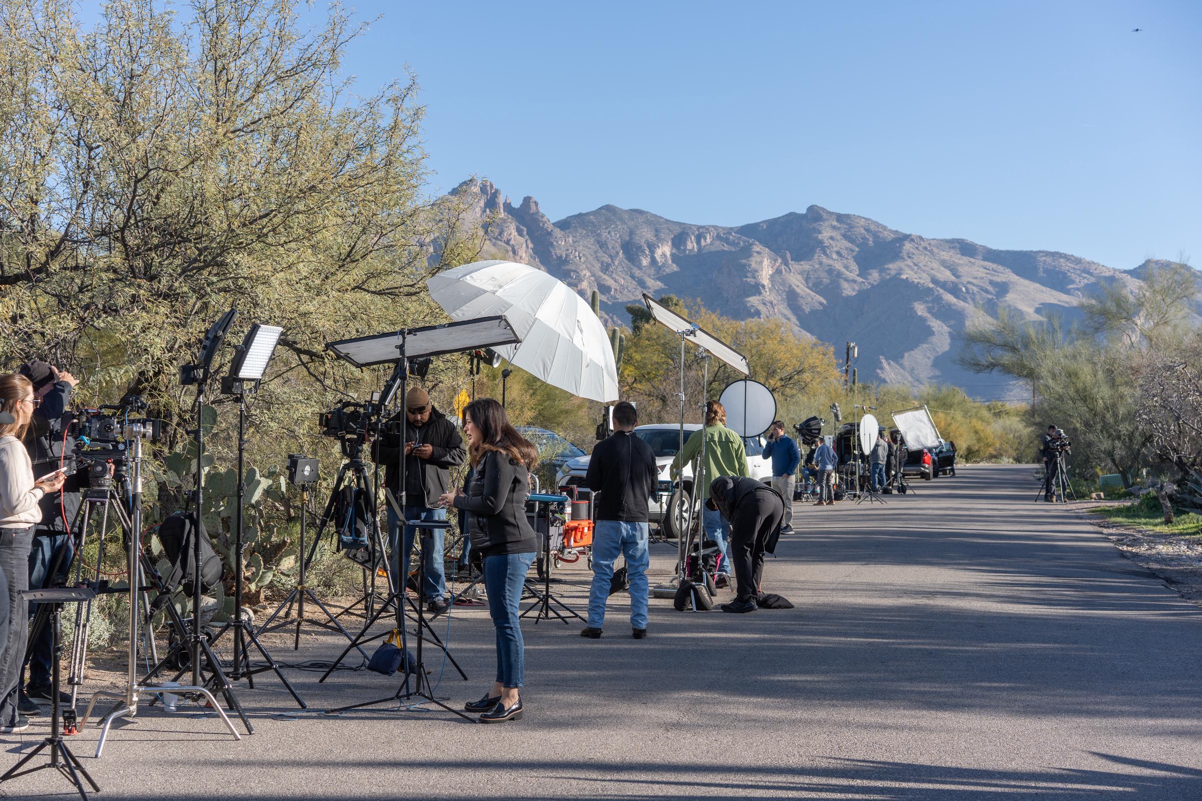 Television media set up at the house of Nancy Guthrie, NBC host Savannah Guthrie's mother, in Catalina, Arizona on February 3, 2026. | Source: Getty Images