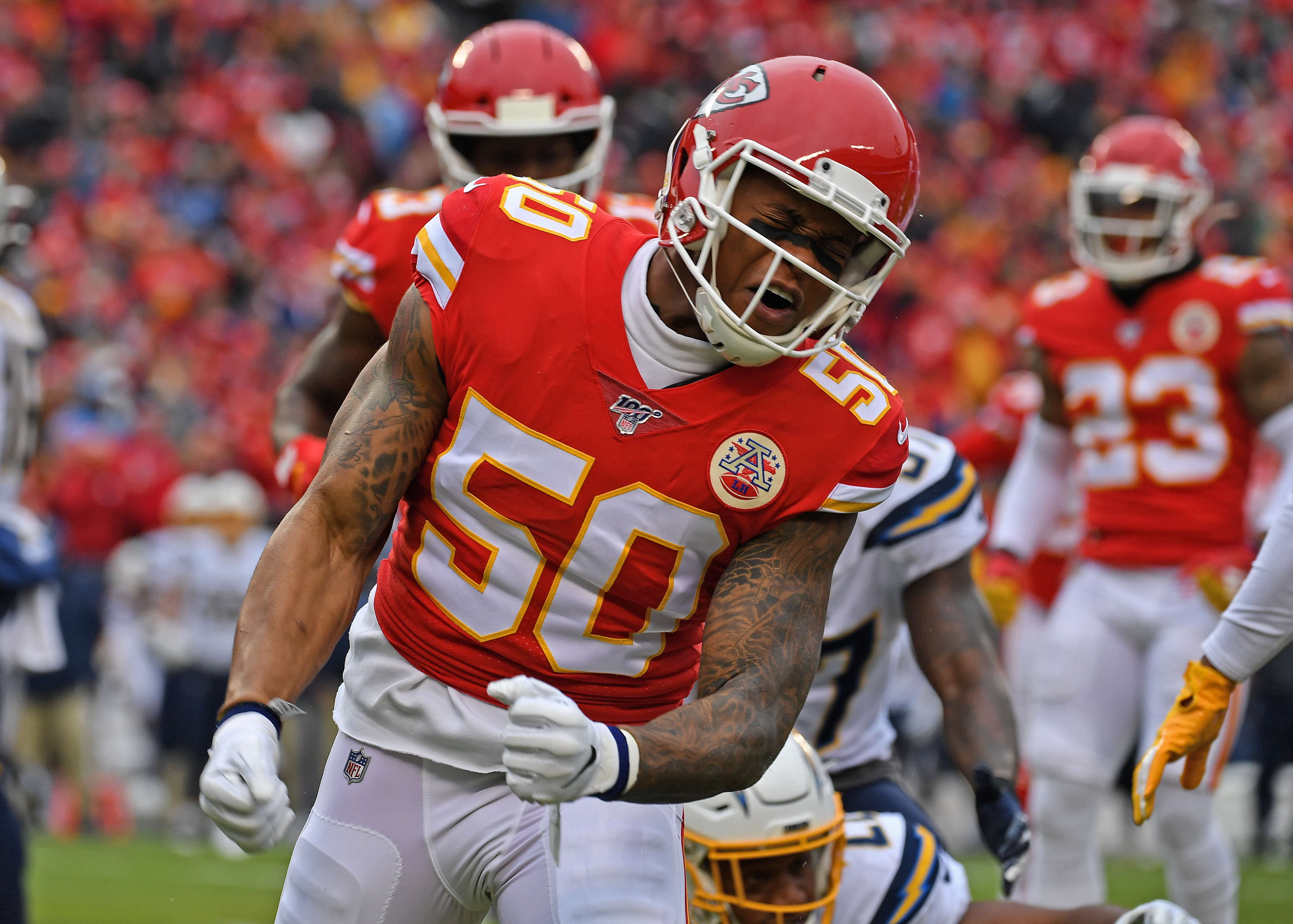 Inside linebacker Darron Lee of the Kansas City Chiefs reacts after making a tackle against the Los Angeles Chargers on December 29, 2019 in Kansas City, Missouri | Source: Getty Images