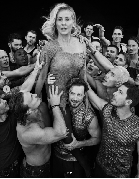 Celebrated actress Sharon Stone posing with male models in feature for Vogue Adria posted on June 17, 2025 | Source: Instagram/vogue.adria