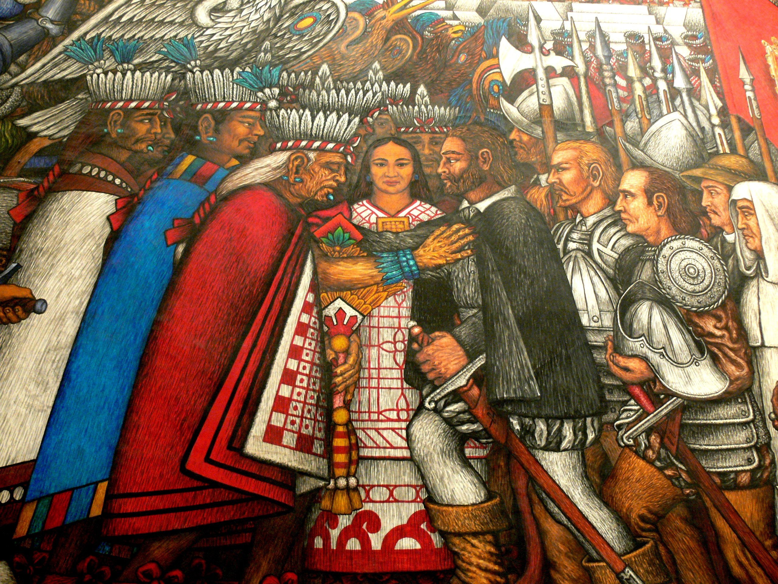 Representación de La Malinche junto a conquistadores. | Imagen: Wikimedia Commons