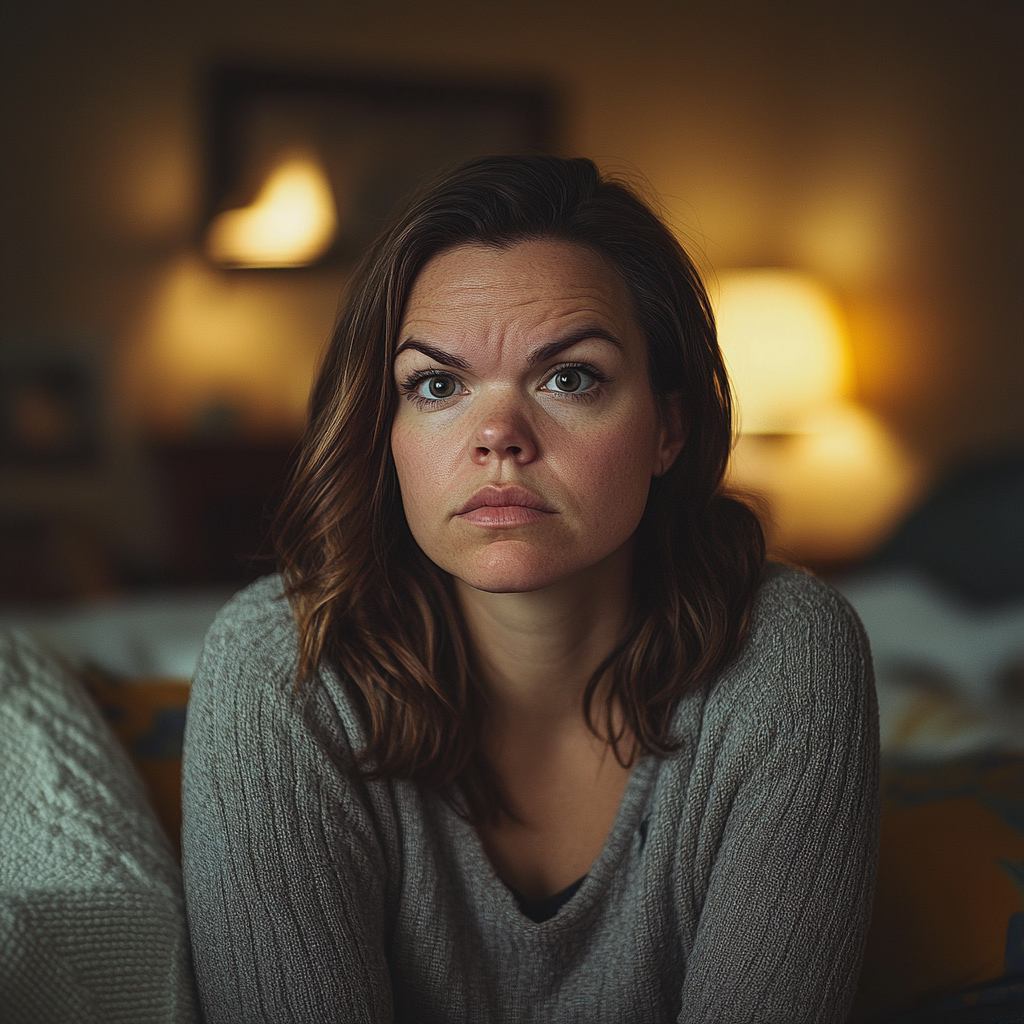 A thoughtful and upset woman sitting in her room | Source: Midjourney