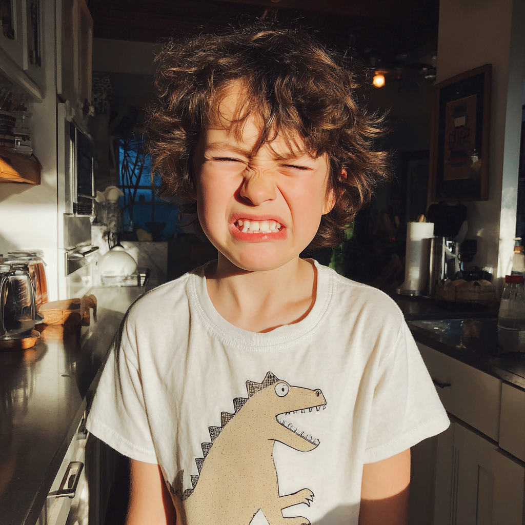 A grimacing little boy standing in a kitchen | Source: Midjourney