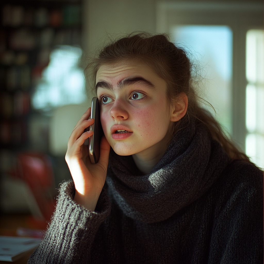 A stressed woman holding her phone | Source: Midjourney