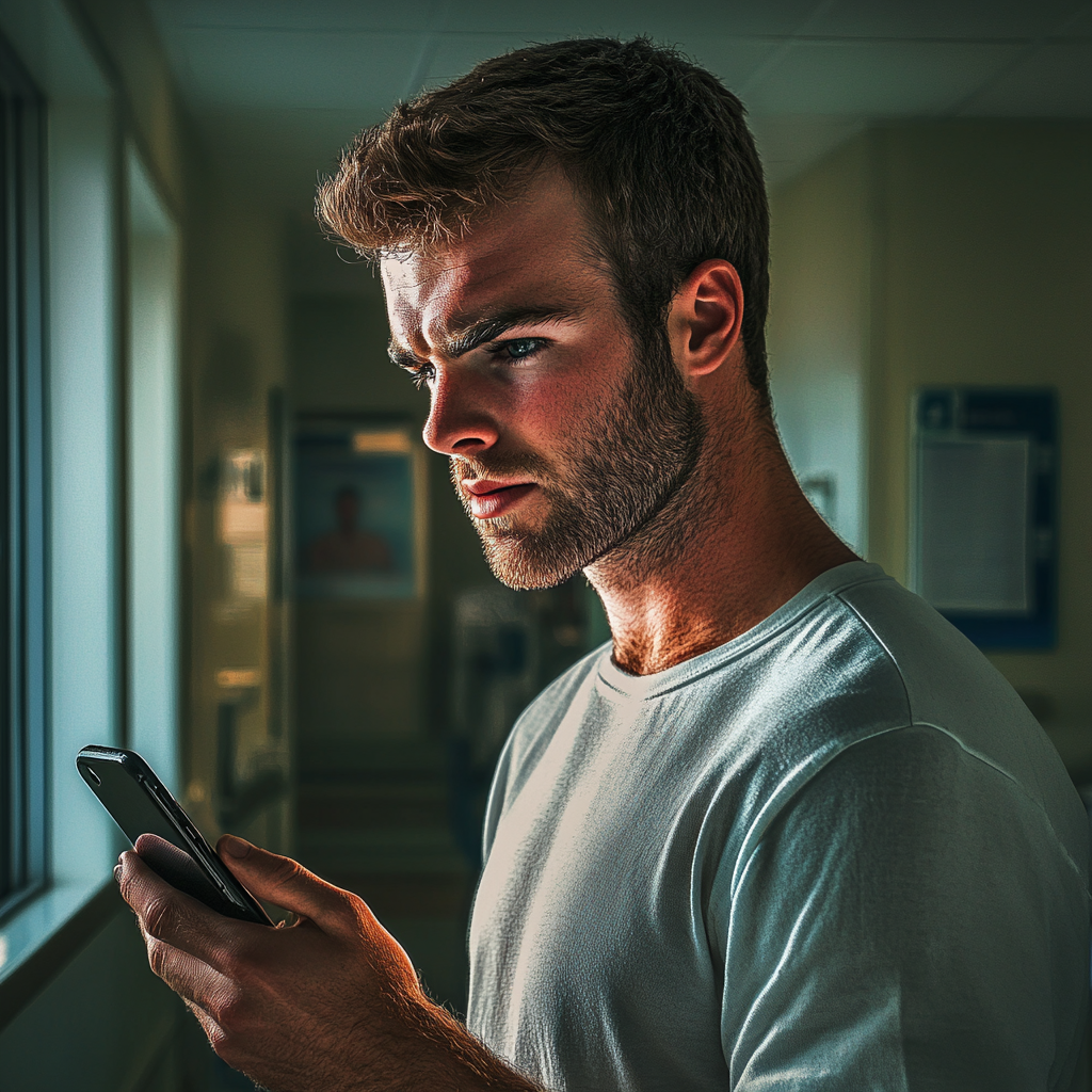 An anxious man holding a phone in a hospital | Source: Midjourney