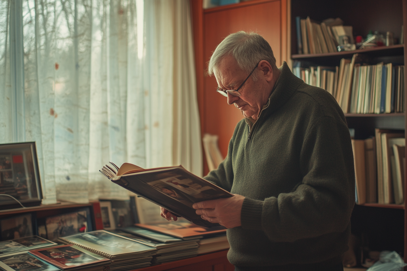 A man looking at a photo album in his living room | Source: Midjourney