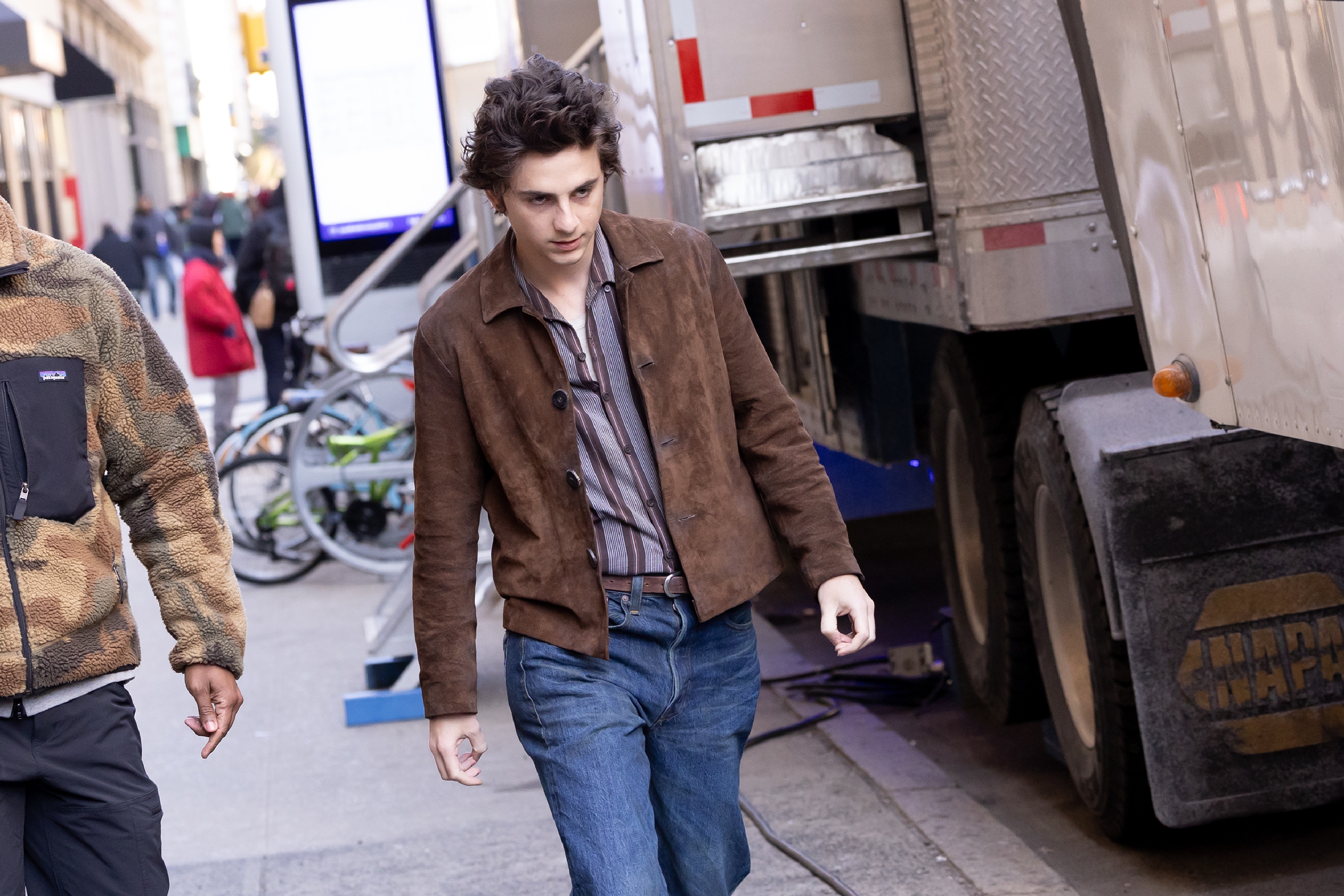 Timothée Chalamet as Bob Dylan in "A Complete Unknown" filming in New York City | Source: Getty Images