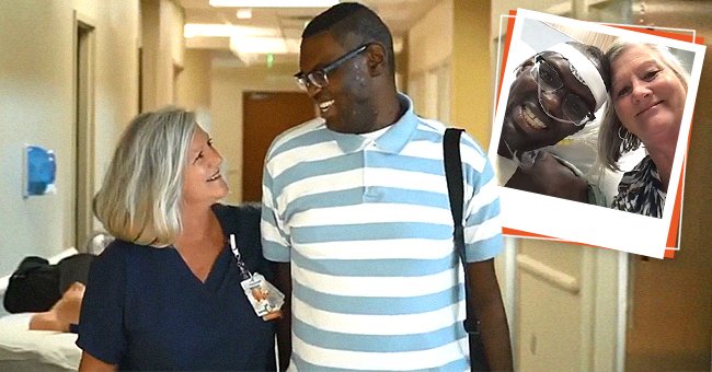 Lorinda Wood and Jonathan Pinkard smiling at one another [main];  Lorinda Wood with Jonathan Pinkard who is lying in a hospital bed [inset].┃Source: twitter.com/CBS_42 facebook.com/PiedmontHealthcare
