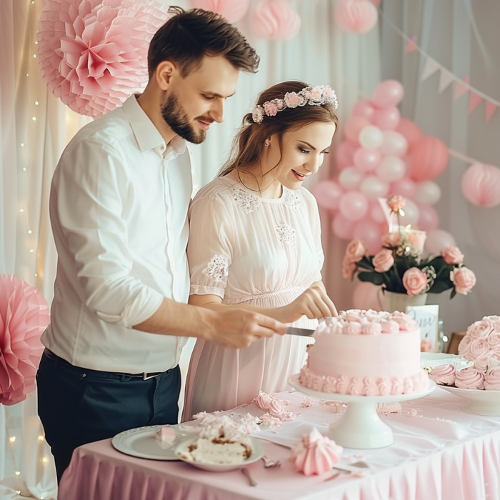 A pregnant couple cutting a cake at their baby shower | Source: Midjourney