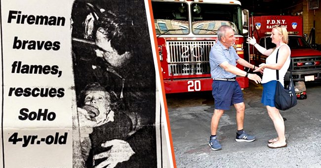 [Left] Newspaper cutting of the story of Eugene Pugliese saving a 4-year-old Deirdre Taylor; [Right] Eugene Pugliese and a grown up Deirdre Taylor going in for a hug. | Source: facebook.com/FDNY twitter.com/MashUpStanleyT