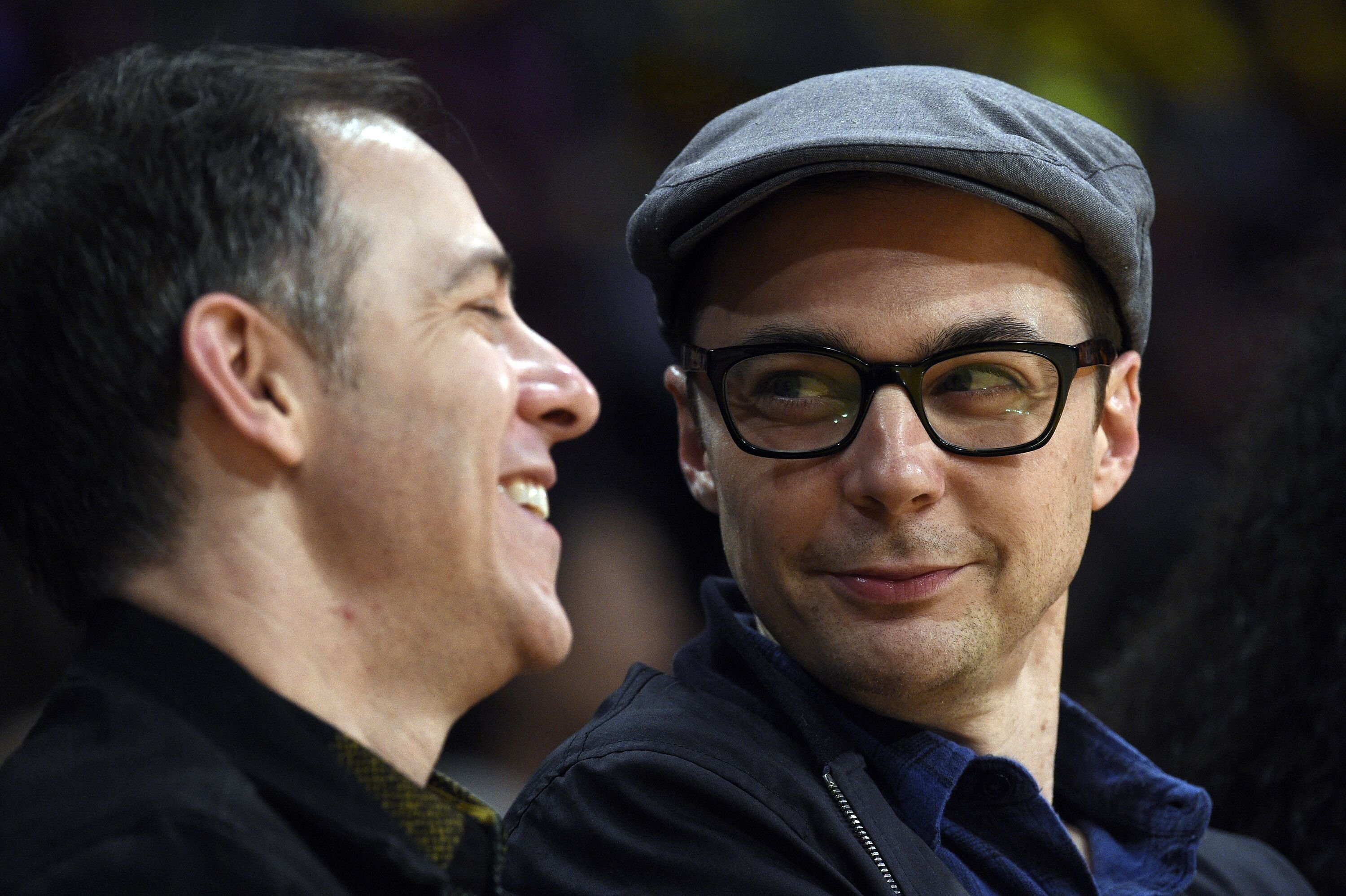 Jim Parsons and Todd Spiewak attend a basketball game between Houston Rockets and Los Angeles Lakers at Staples Center. | Source: Getty Images