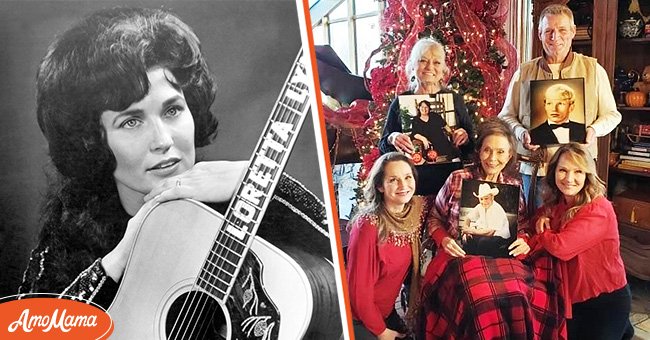 Portrait of Loretta Lynn in Nashville, Tennessee circa 1961 [left]. Lynn and four of her children, Jack, Betty Sue, Patsy, and Peggy [right] | Source: Getty Images - Instagram.com/taylalynnfinger