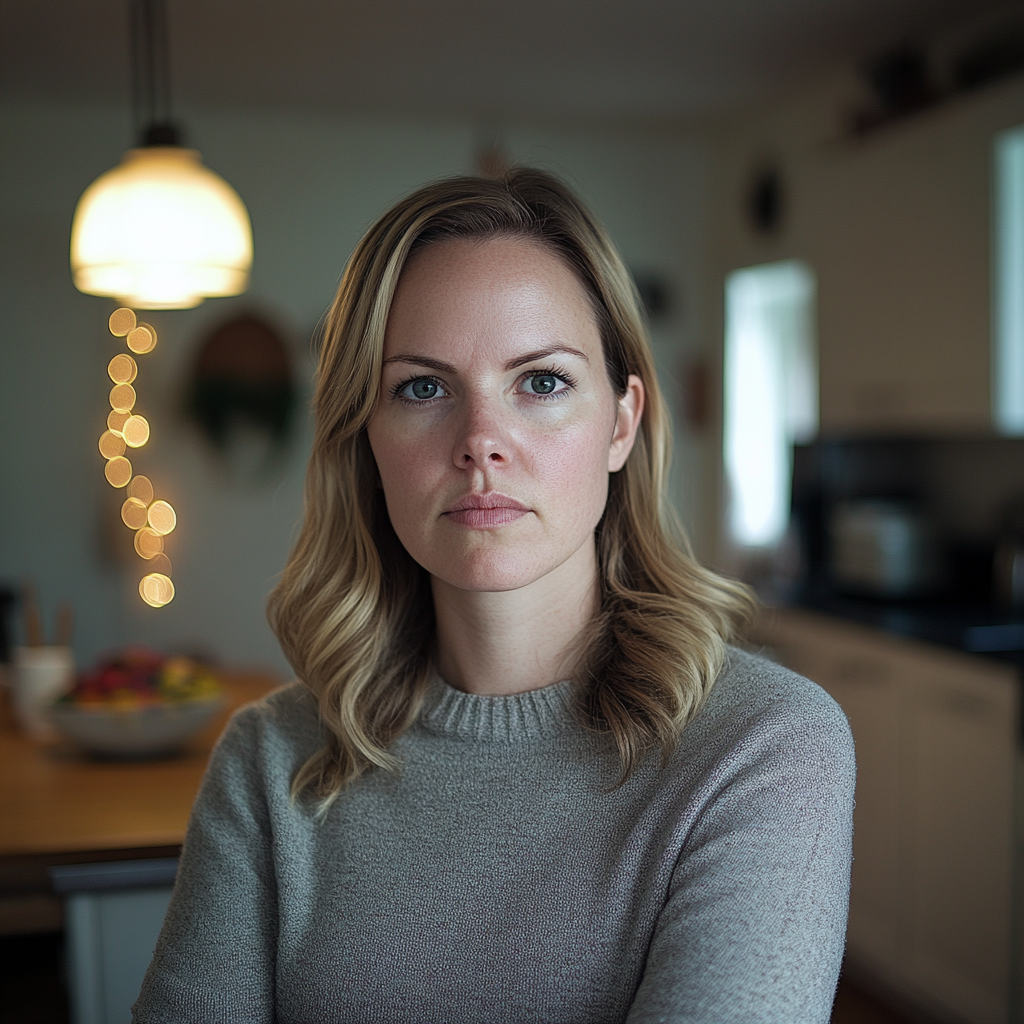 A serious-looking woman standing near the kitchen table | Source: Midjourney