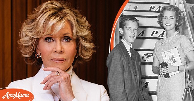 Jane Fonda at the Sydney Opera House on August 27, 2018 in Sydney, Australia[left]. Peter and Jane Fonda smile as they board an airplane on August 1957[right] | Photo: Getty Images
