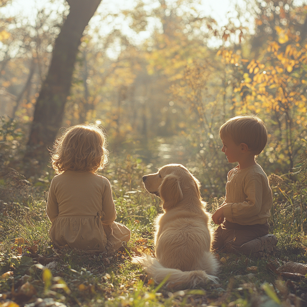 Two kids playing with their dog | Source: Midjourney