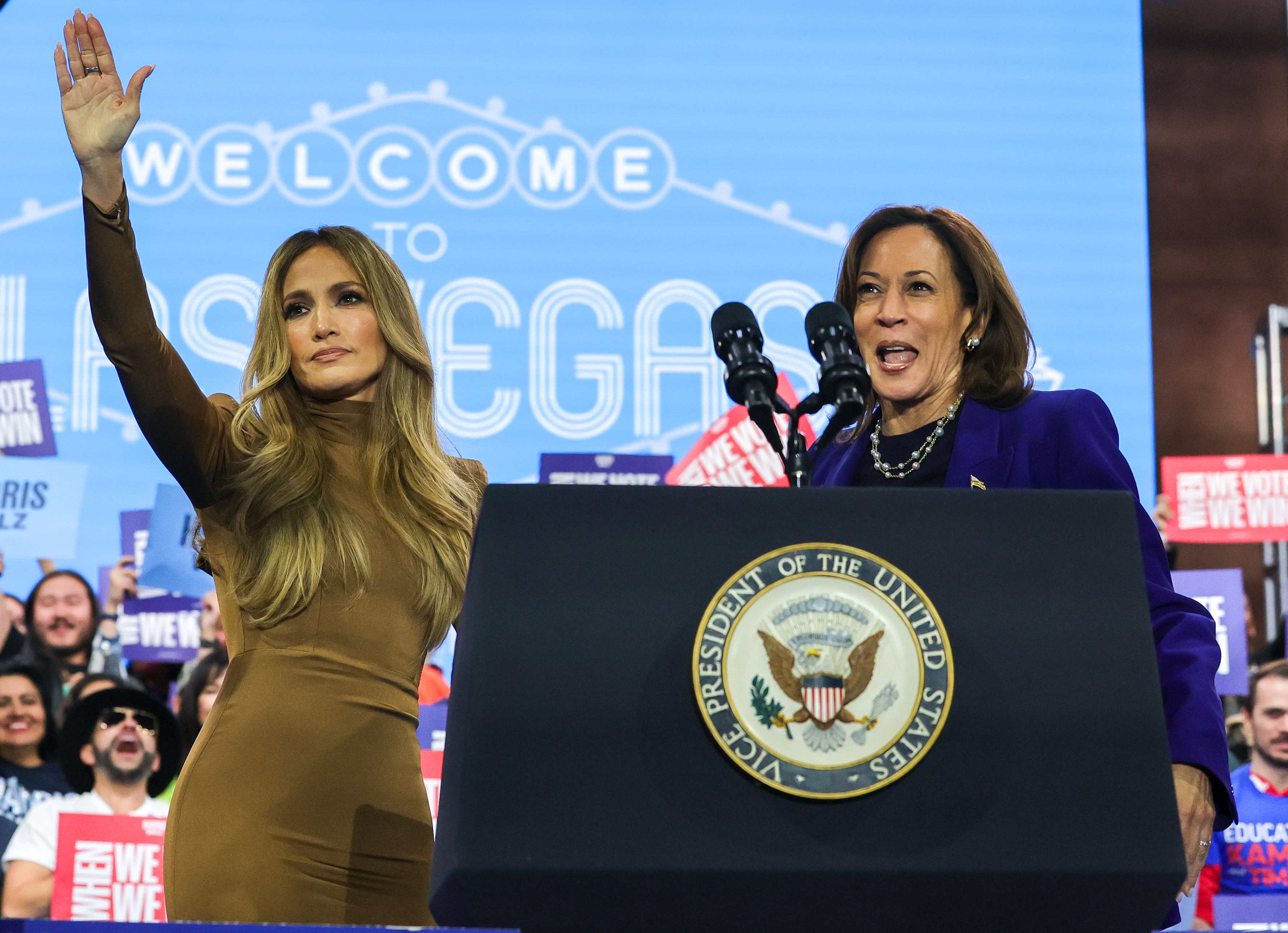 Jennifer Lopez and Vice President Kamala Harris at the "When We Vote We Win" campaign rally in North Las Vegas, Nevada on October 31, 2024 | Source: Getty Images