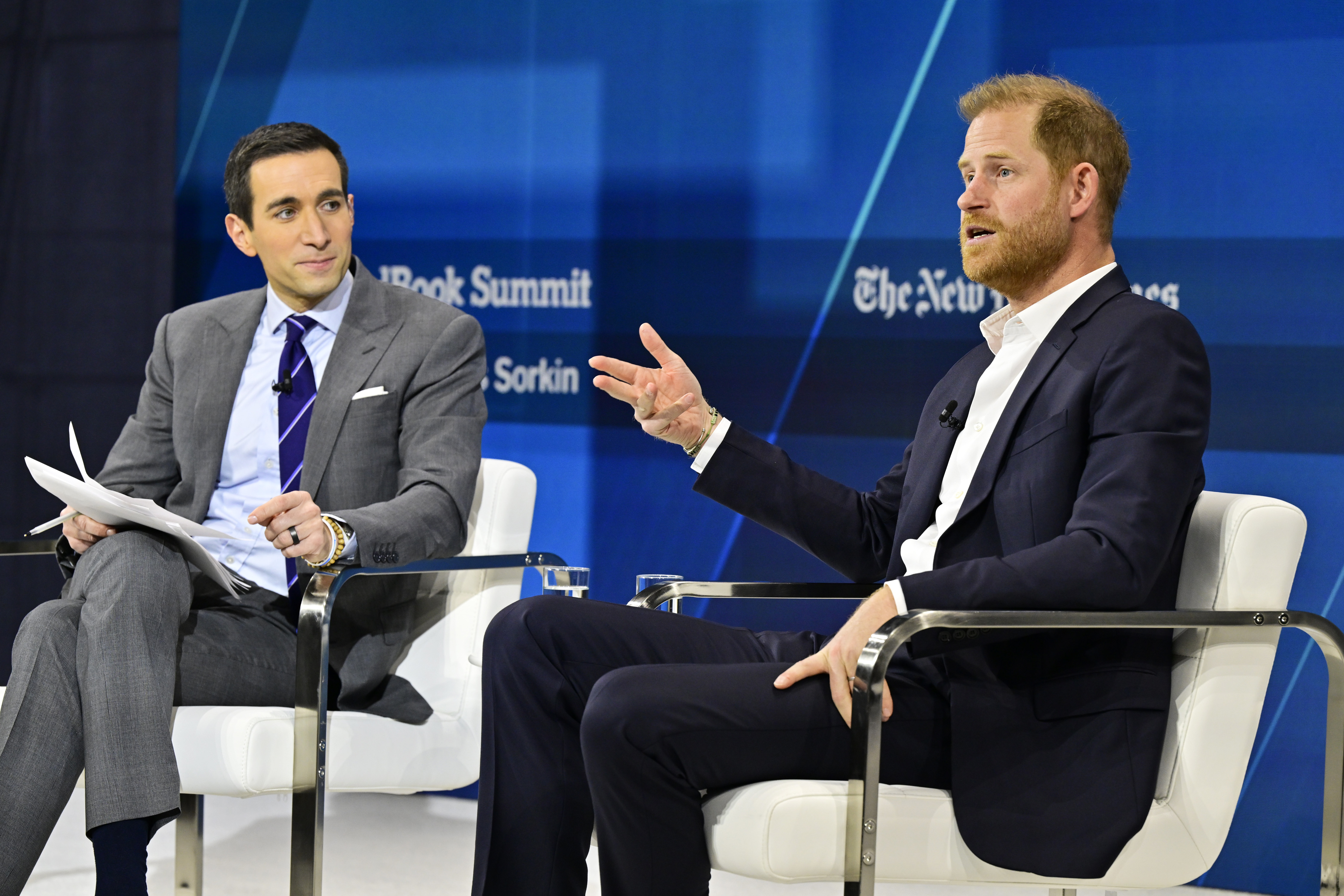 Andrew Ross Sorkin and Prince Harry speak onstage during The New York Times Dealbook Summit 2024 on December 4, 2024, in New York City. | Source: Getty Images