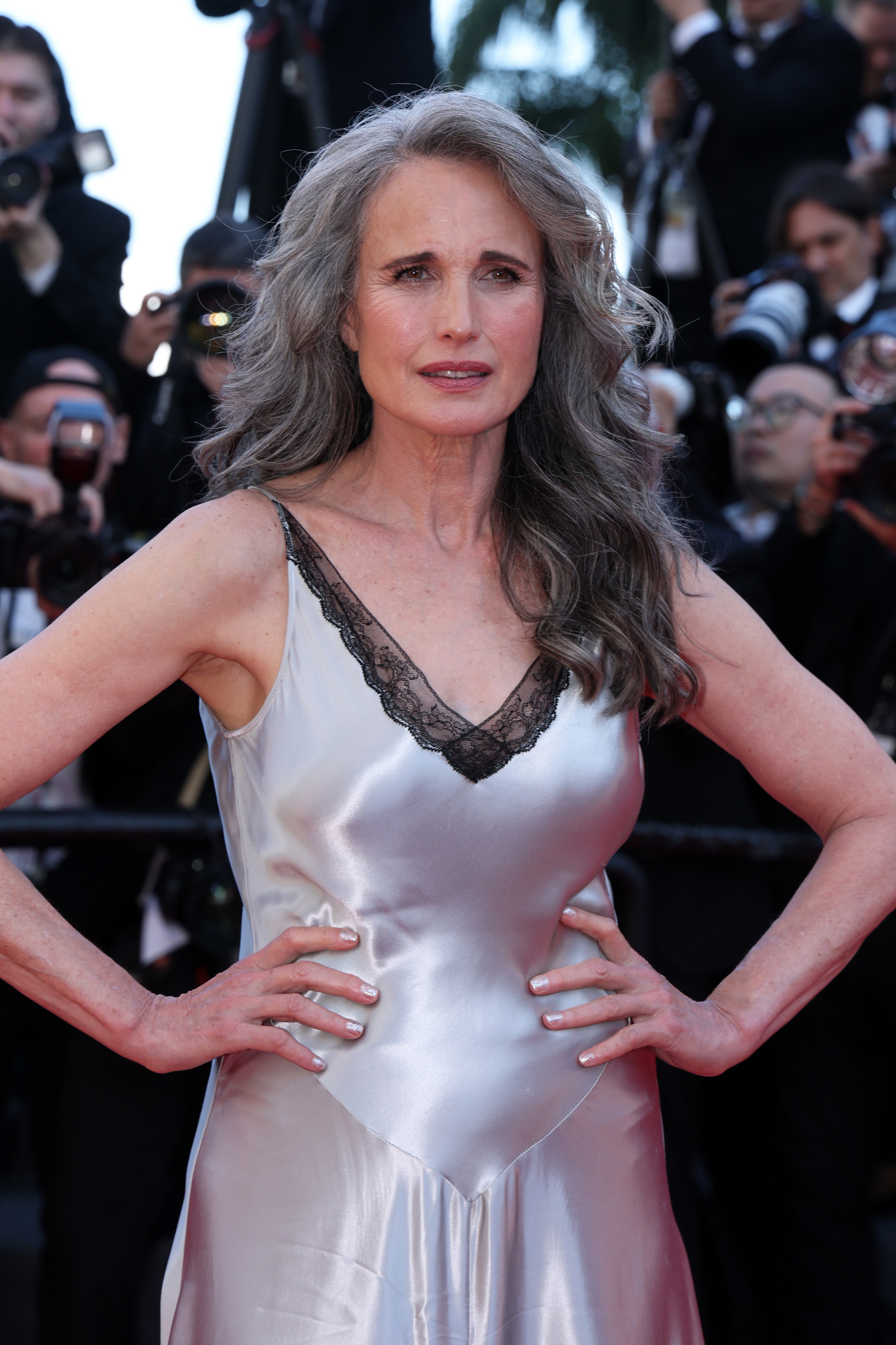In a close-up on the red carpet, Andie MacDowell displays the lace-trimmed neckline of her silver dress, exuding elegance as she attends the "Dossier 137" red carpet at Cannes amid the camera flashes.