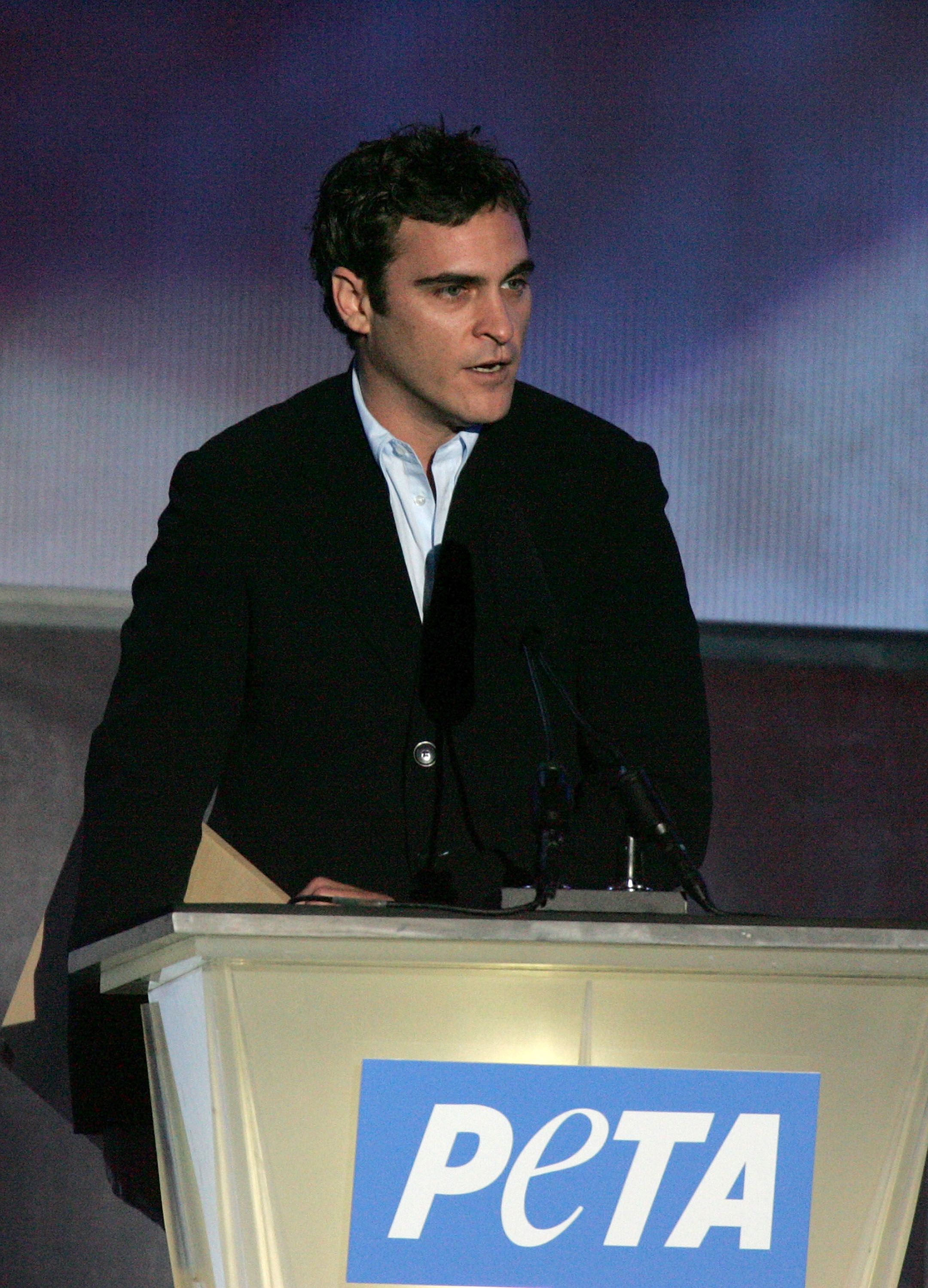 Joaquin Phoenix with the Humanitarian Award on behalf of Casey Affleck during PETA's 15th Anniversary Gala and Humanitarian Awards at Paramount Studios on September 10, 2005 in Hollywood, California. | Source: Getty Images