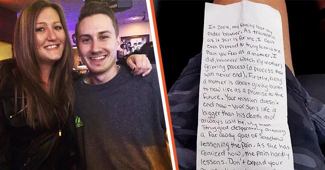[Left] Tricia Belstra and her son Kyle; [Right] The heartwarming note by the flight attendant | Source:   facebook.com/wilddove.  facebook.com/lovewhatreallymatters