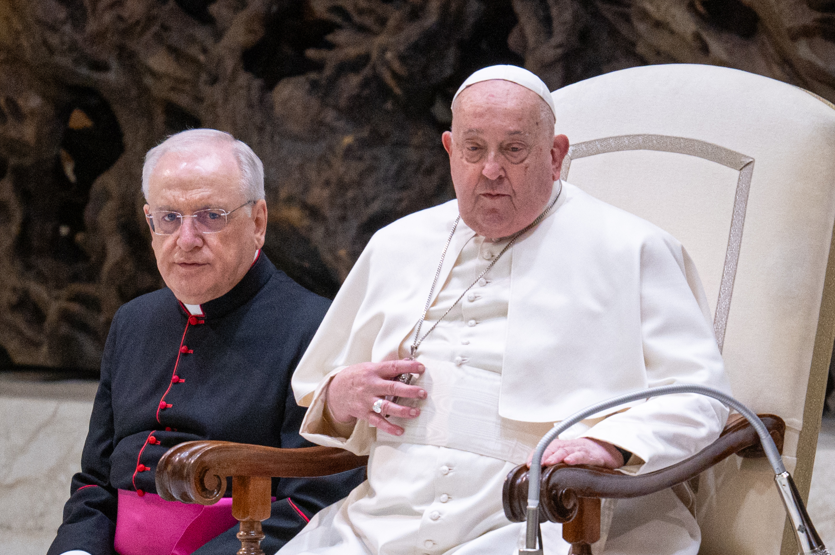 Pope Francis and another man during the weekly general audience in The Vatican on February 12, 2025. | Source: Getty Images