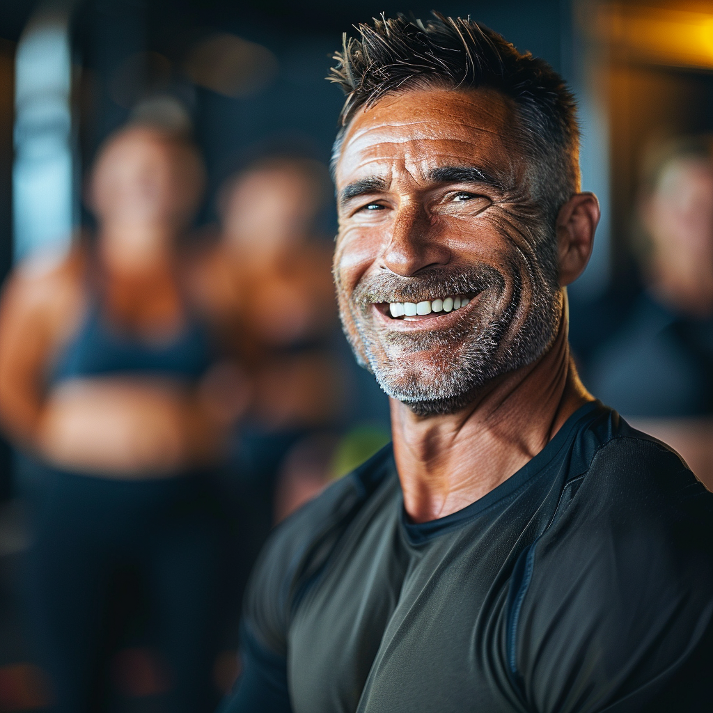 A man smiling as a group of women in fitness training clothes stand behind him | Source: Midjourney