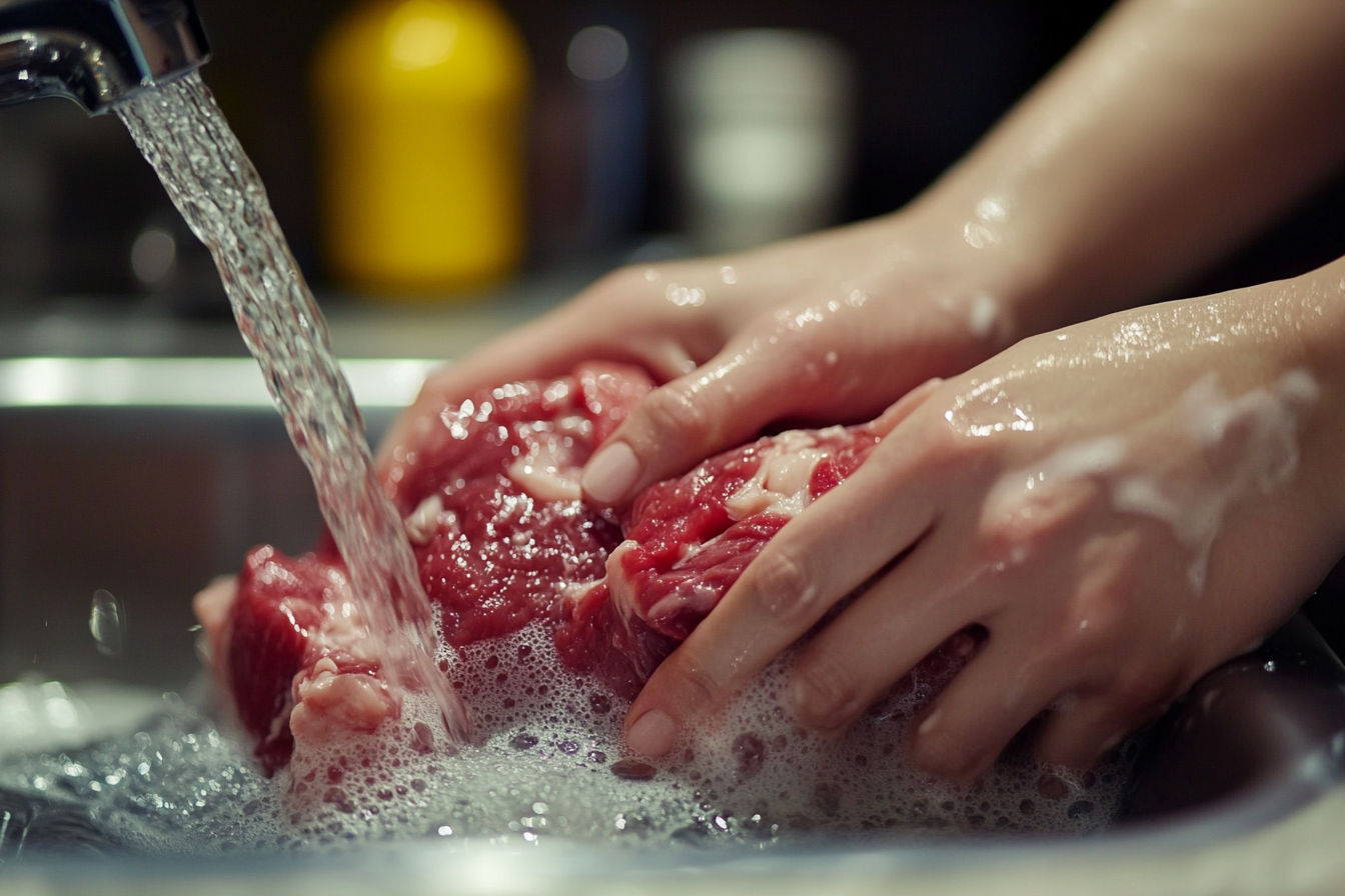 A woman rinsing meat in the kitchen sink | Source: Midjourney