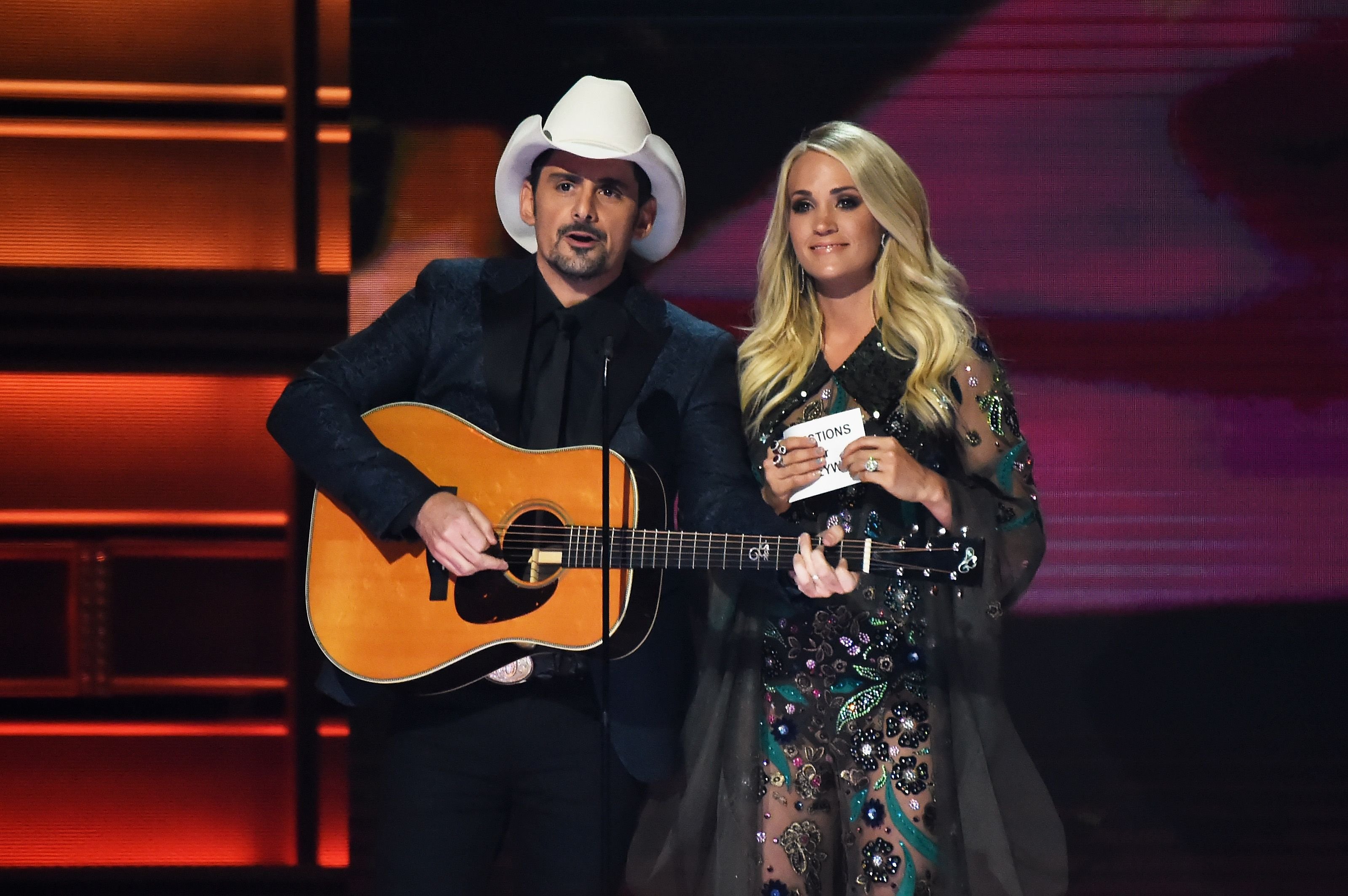 Brad Paisley and Carrie Underwood co-hosting the 51st annual CMA Awards at the Bridgestone Arena on November 8, 2017 in Nashville, Tennessee Photo Getty Images