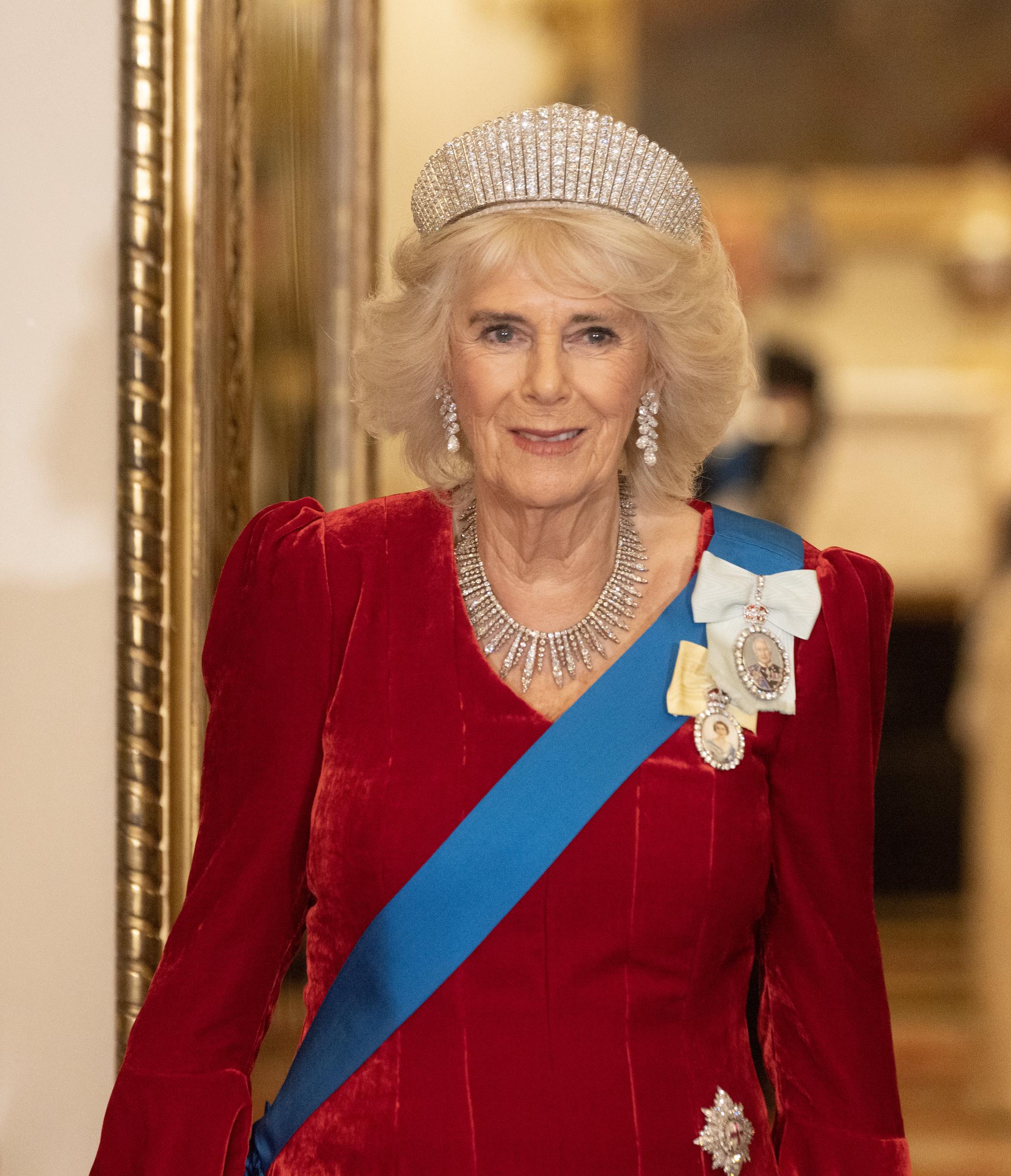 Queen Camilla attends the state banquet for Emir of Qatar Sheikh Tamim bin Hamad Al Thani at Buckingham Palace on December 3, 2024 | Source: Getty Images