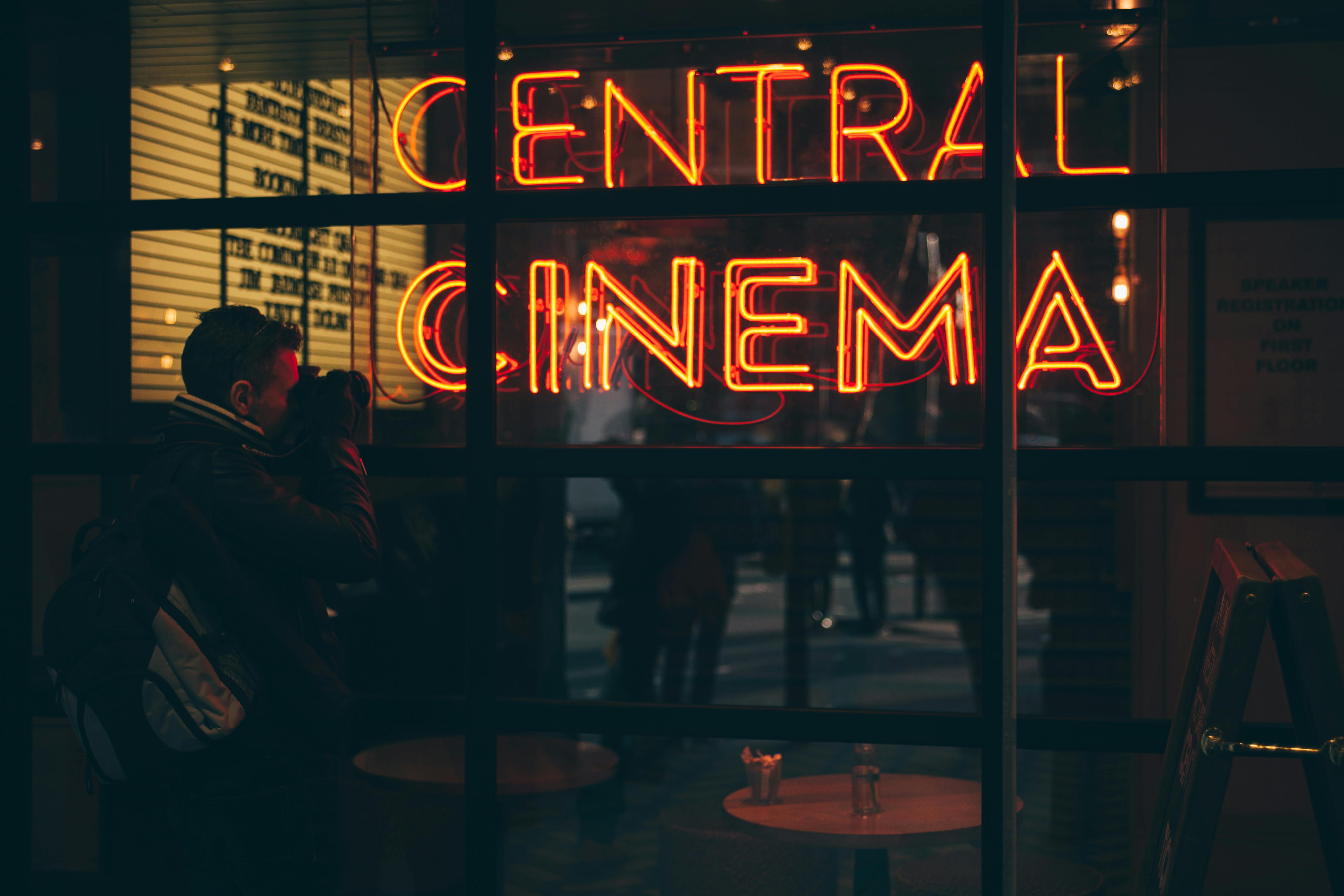 Orange "Central Cinema" LED sign | Source: Pexels