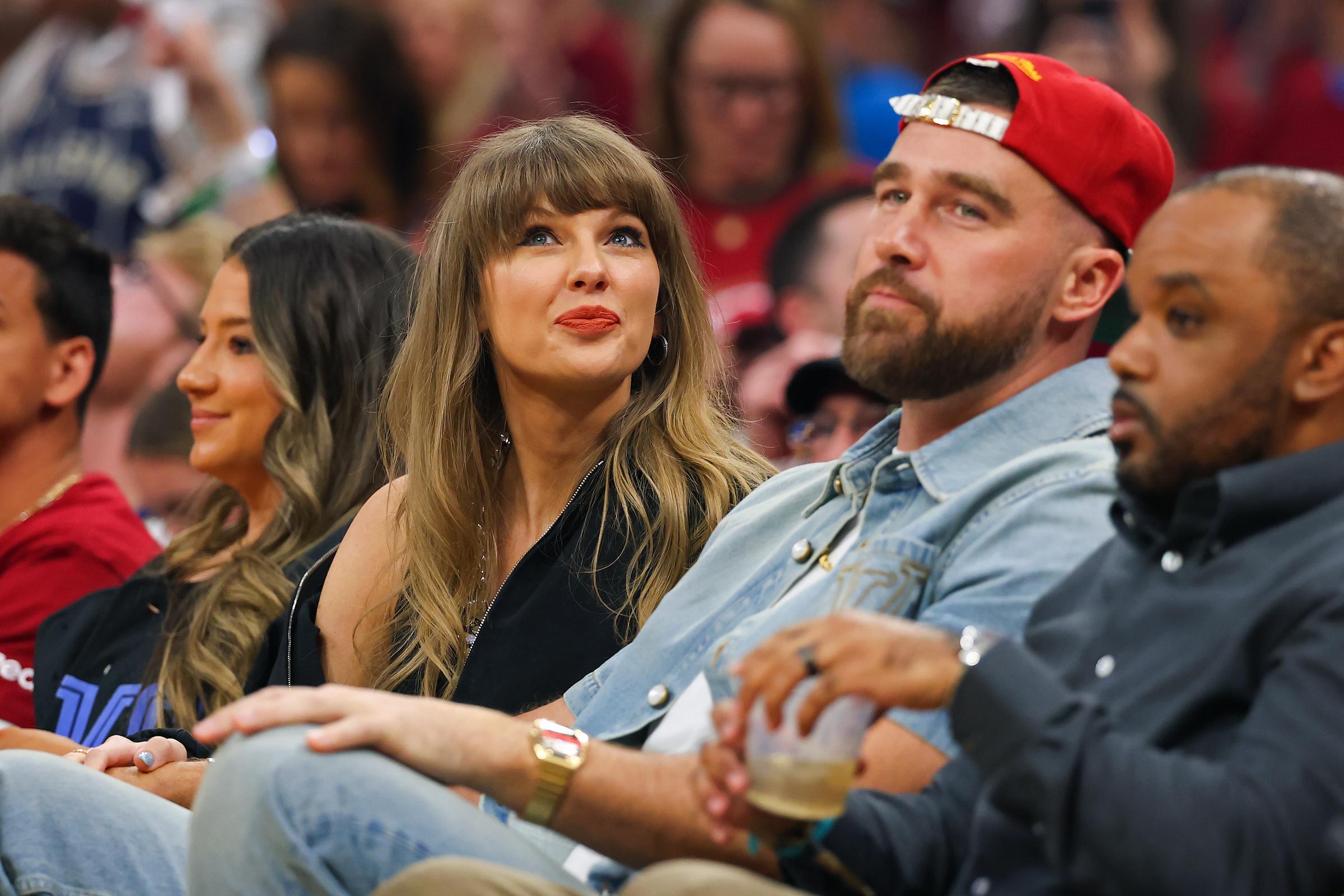 Taylor Swift and Travis Kelce during Game Three between the New York Knicks and the Cleveland Cavaliers in the NBA Eastern Conference Finals on May 23, 2026, in Cleveland, Ohio. | Source: Getty Images