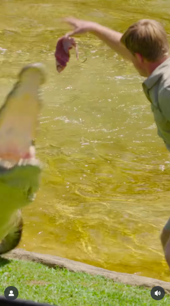 Robert Irwin tossing a piece of meat into a crocodile's mouth. | Source: Instagram/robertirwinphotography