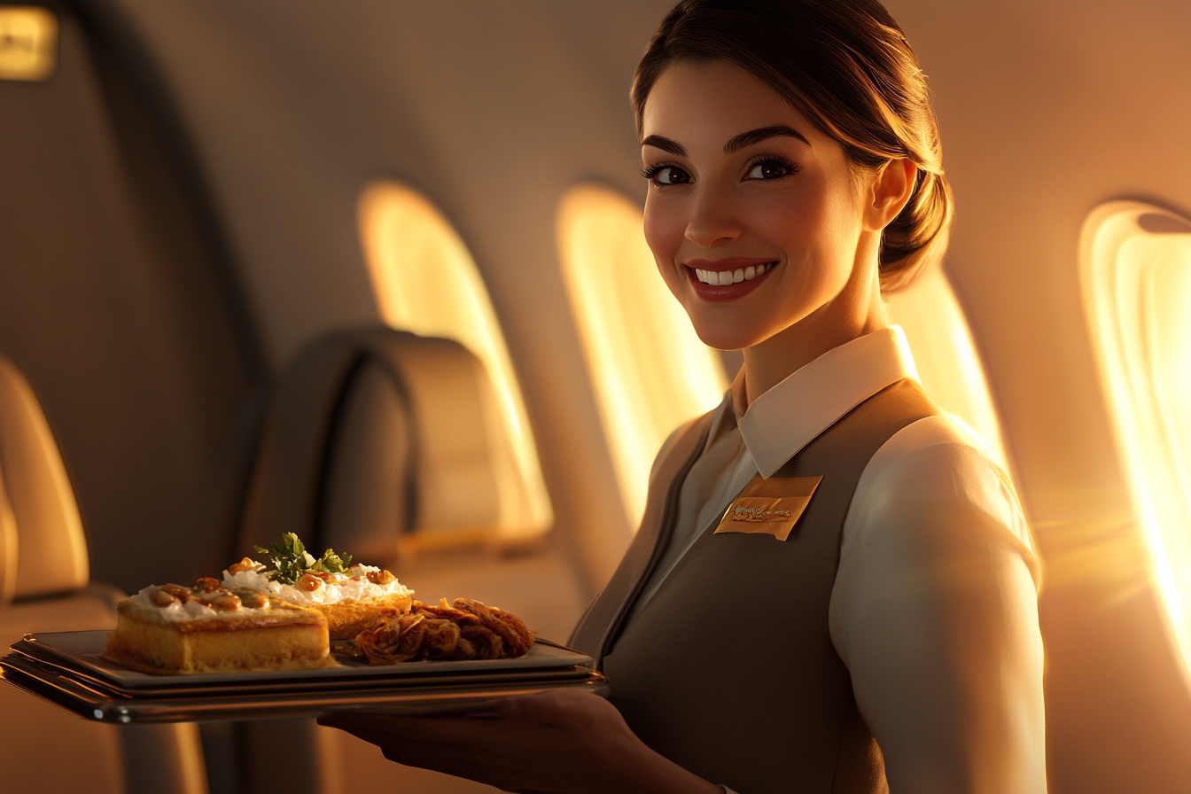 A flight attendant holding a tray of food | Source: Midjourney