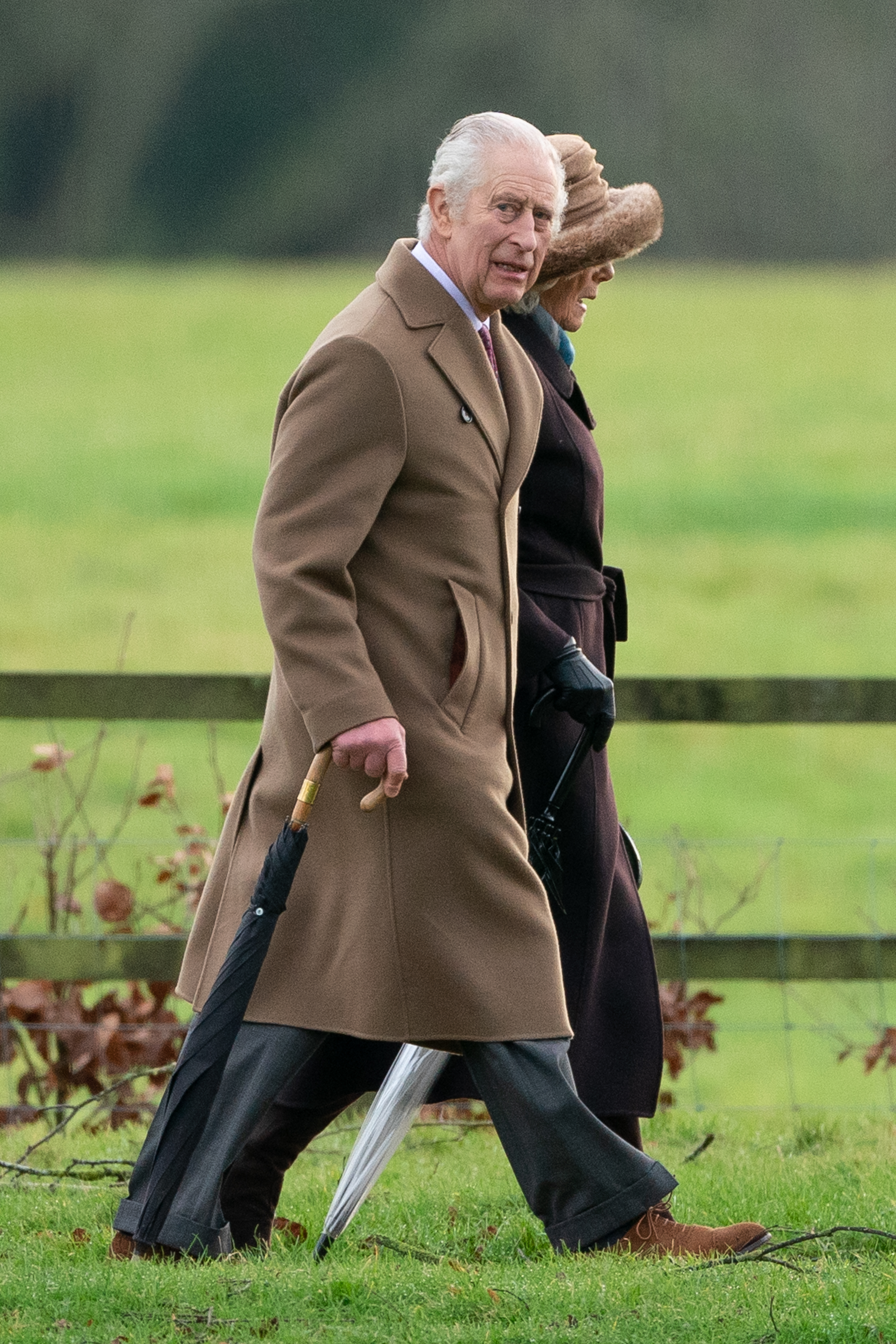 King Charles III and Queen Camilla arriving for  Sunday church service at St Mary Magdalene Church in Sandringham, Norfolk on February 4, 2024 | Source: Getty Images