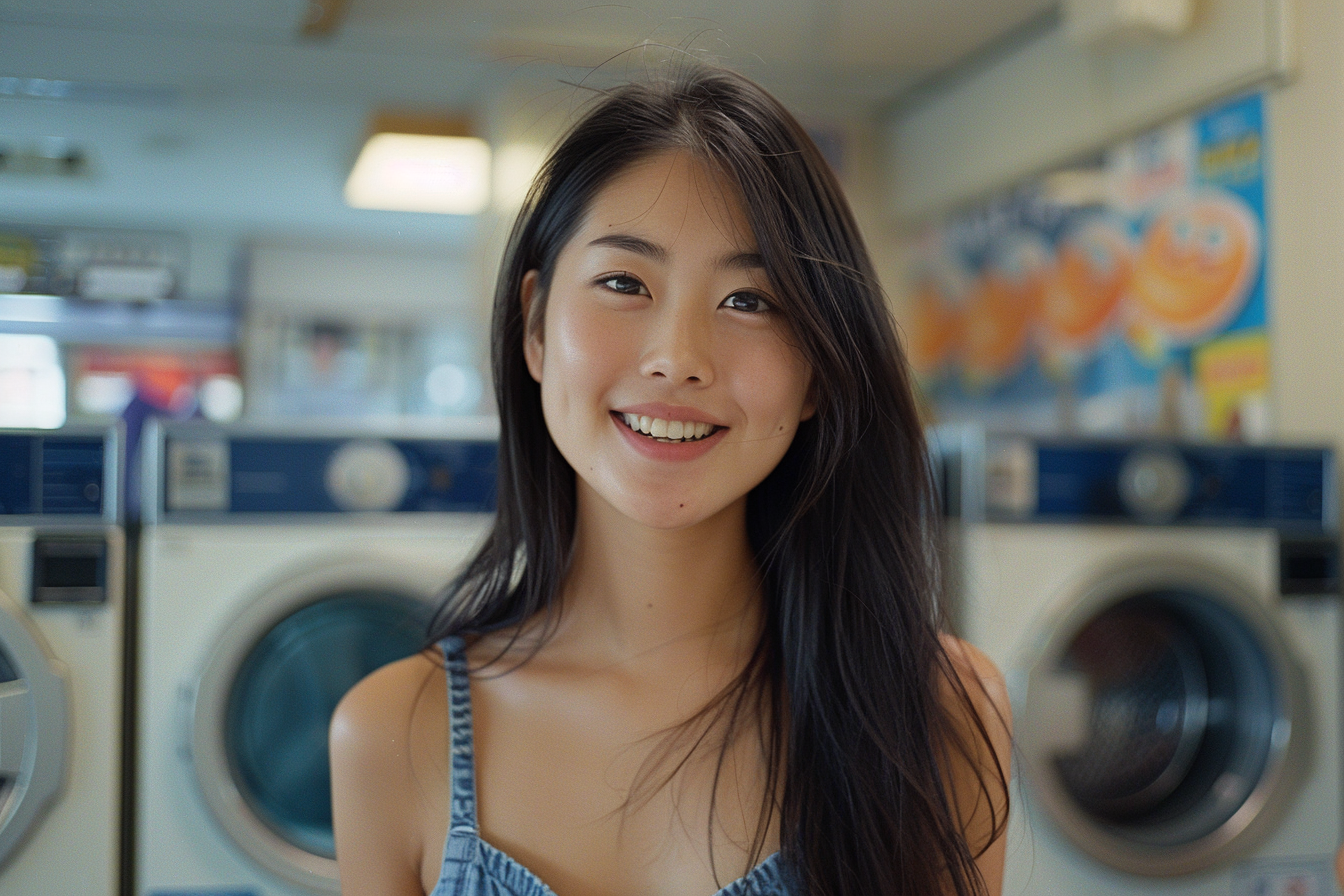 Woman smiling in a laundromat | Source: Midjourney